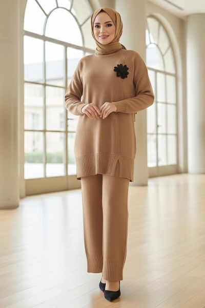 Çiçek Detaylı Triko İkili Takım - 28125-VIZON 