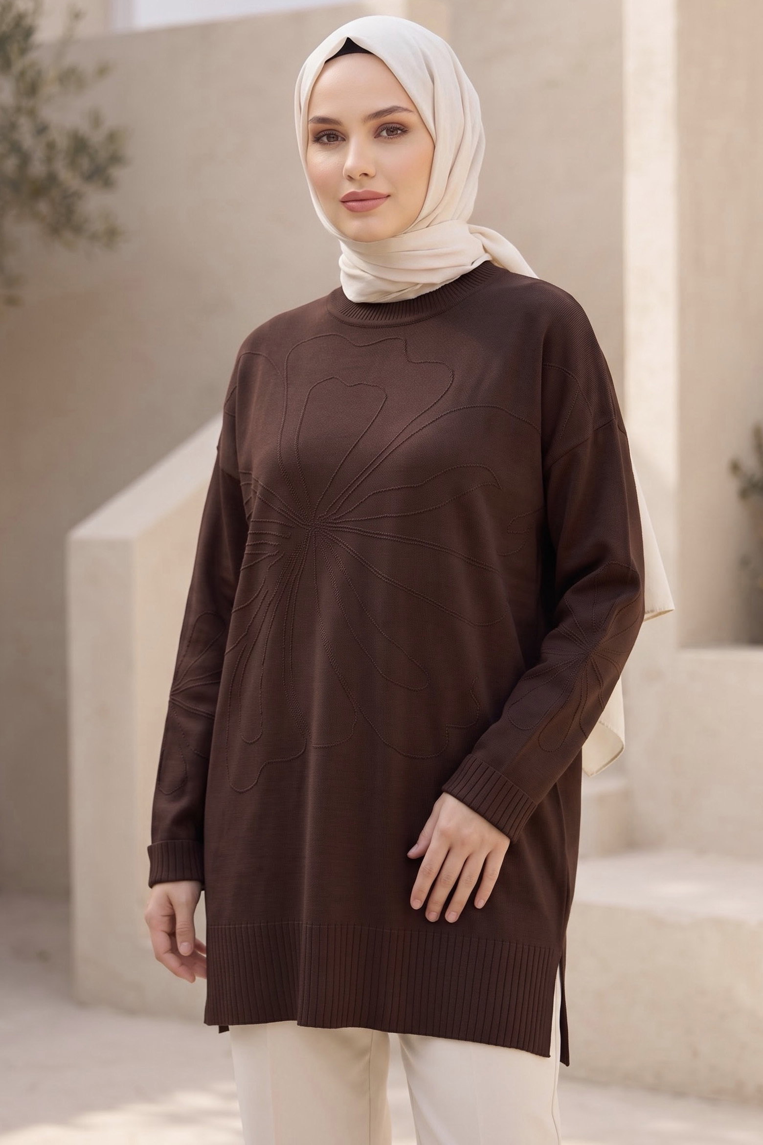 Çiçek Detaylı Triko Tunik Kahve - 29279-KAHVE - 1