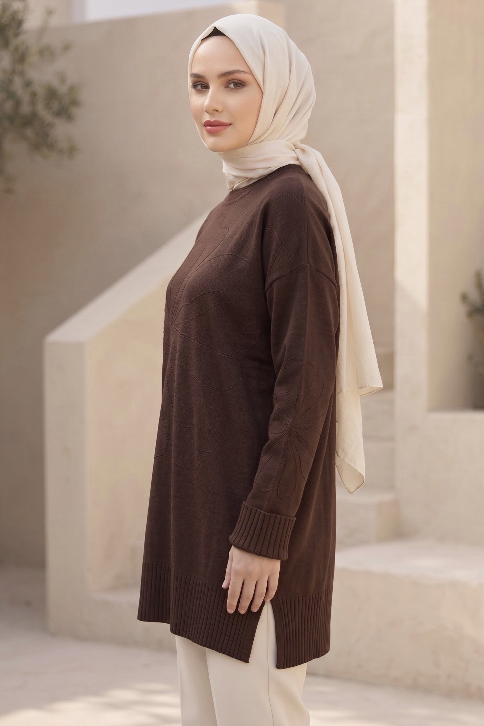 Çiçek Detaylı Triko Tunik Kahve - 29279-KAHVE - 2