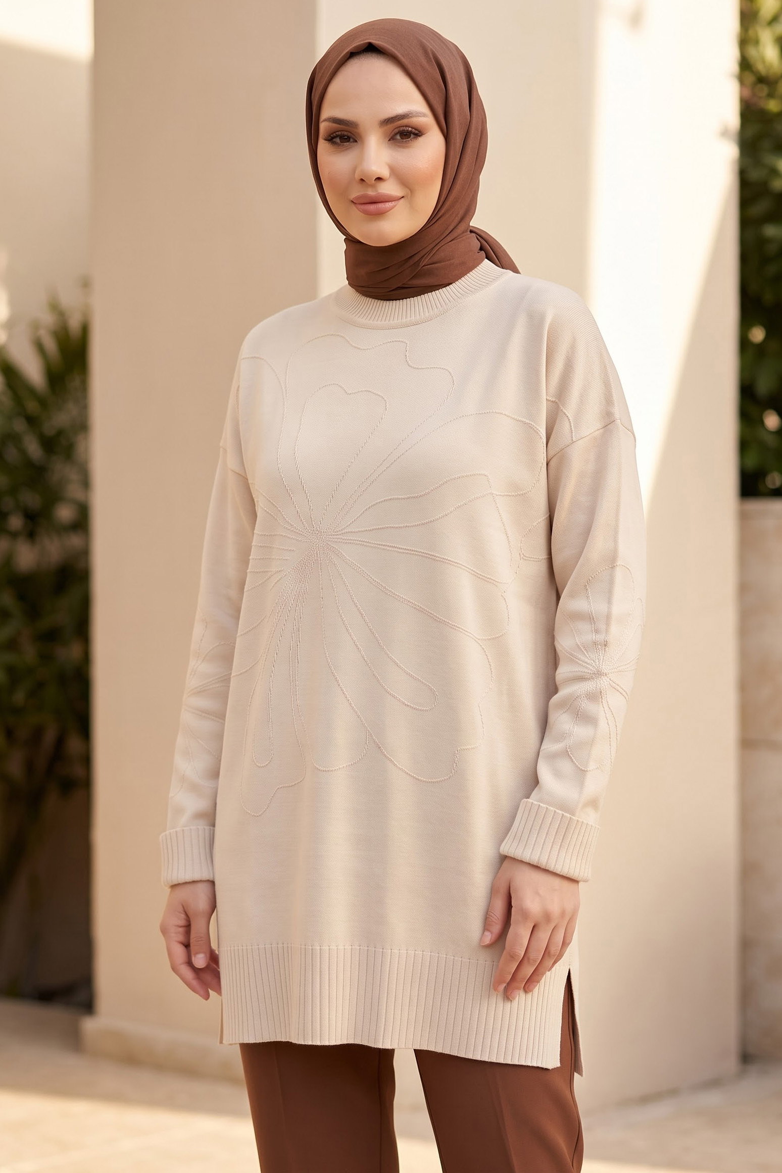 Çiçek Detaylı Triko Tunik Krem - 29279-KREM - 1