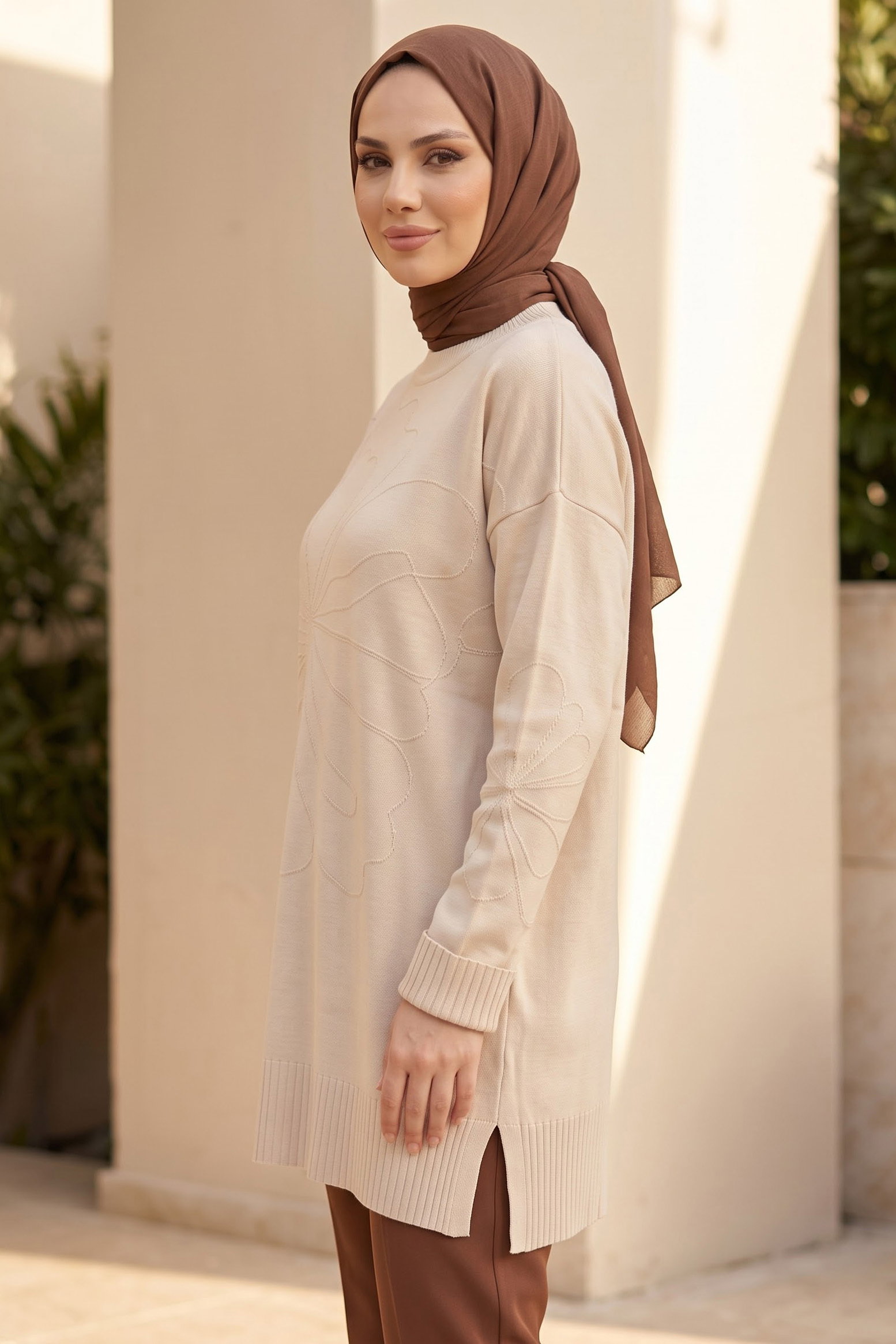 Çiçek Detaylı Triko Tunik Krem - 29279-KREM - 2