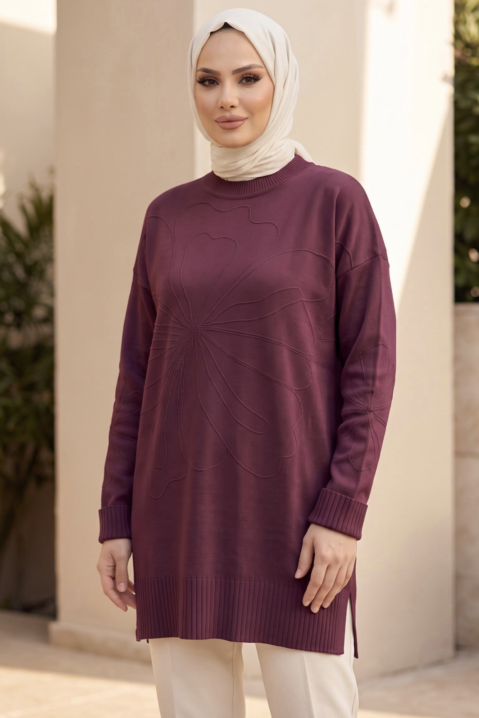 Çiçek Detaylı Triko Tunik Mürdüm - 29279-MURDUM - 1