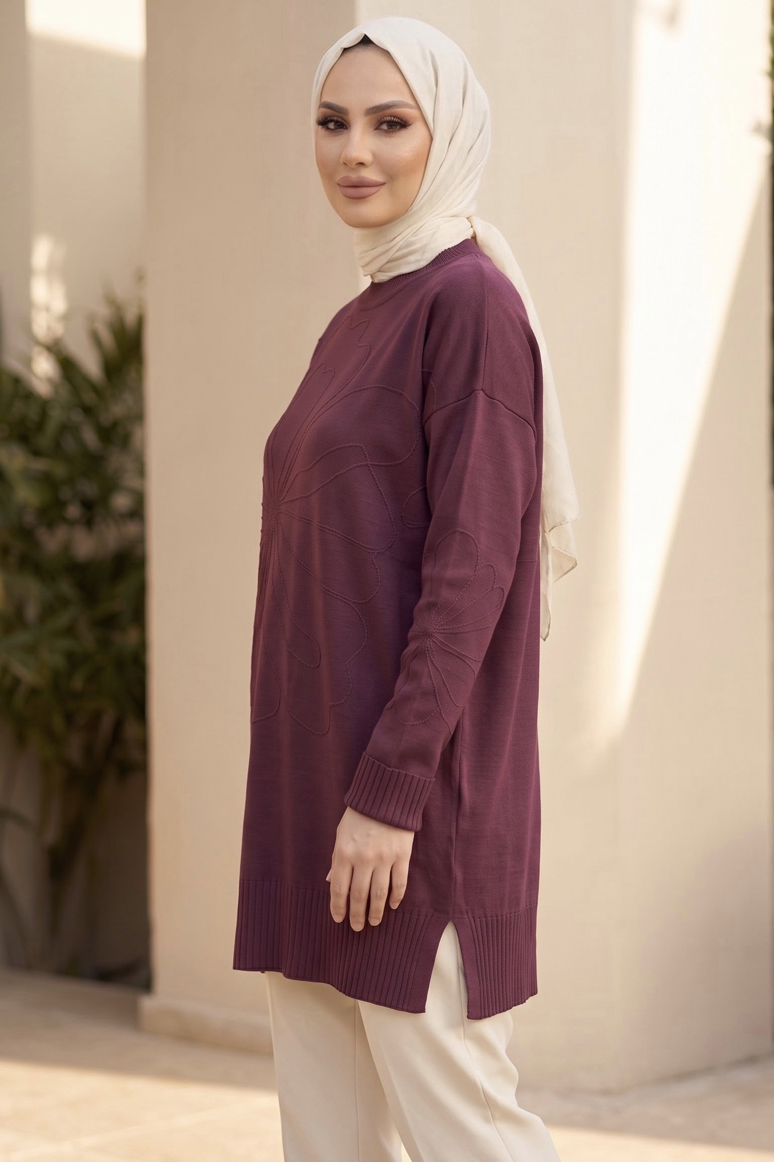 Çiçek Detaylı Triko Tunik Mürdüm - 29279-MURDUM - 2