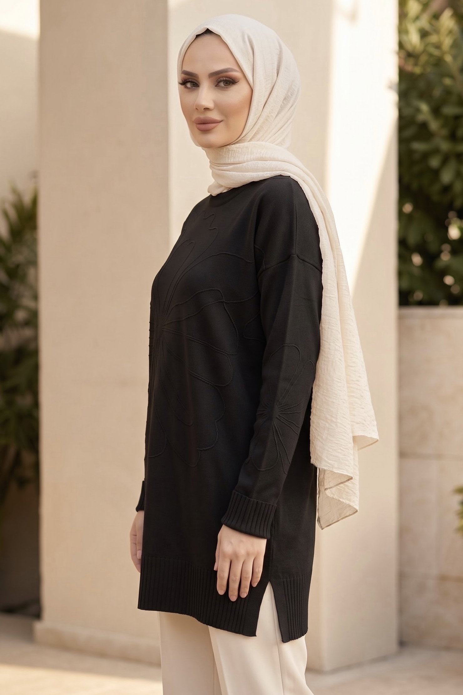 Çiçek Detaylı Triko Tunik Siyah - 29279-SIYAH - 2