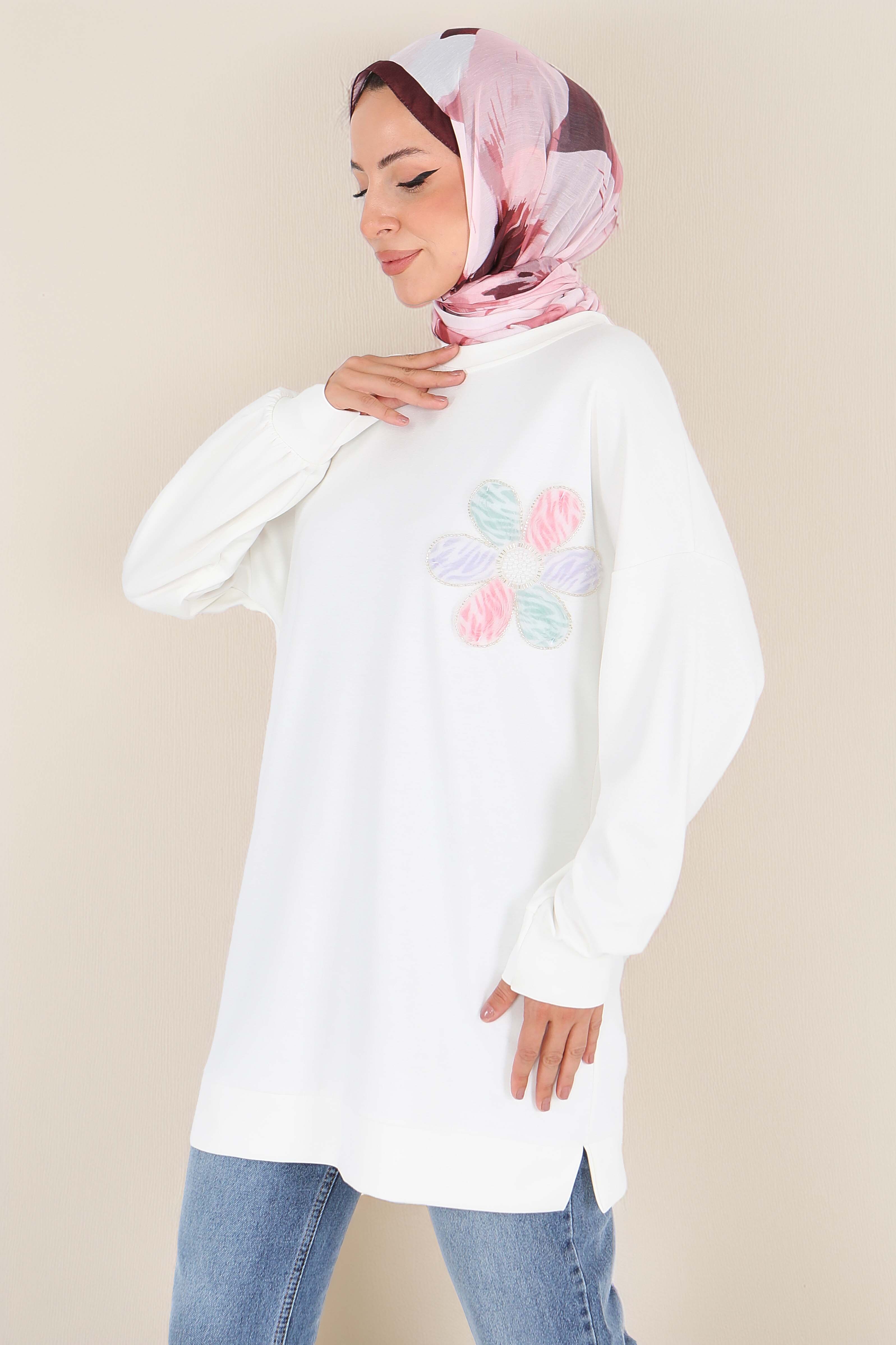 Çiçek İşlemeli Modal Tunik - 27672 - 1