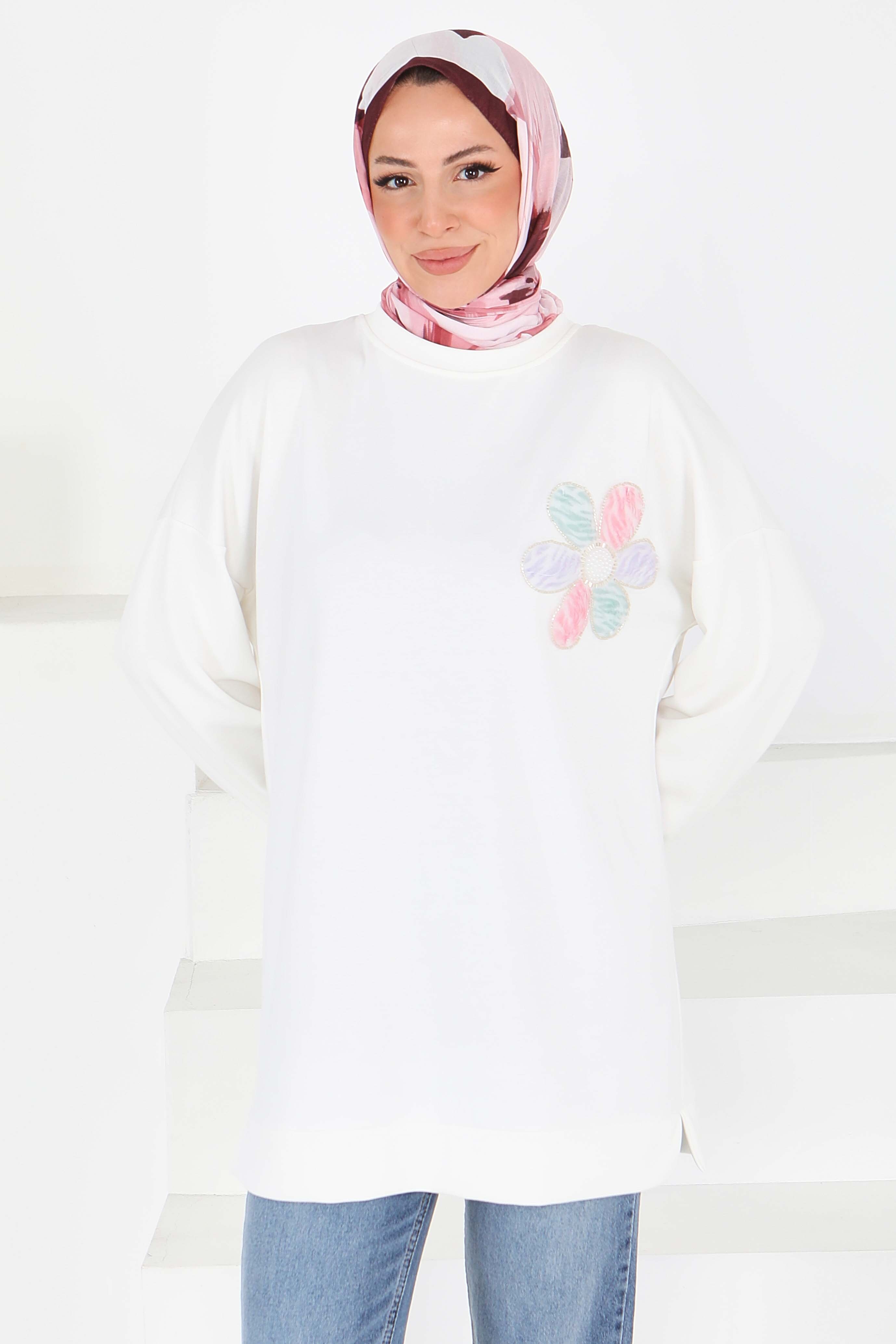 Çiçek İşlemeli Modal Tunik - 27672 - 2