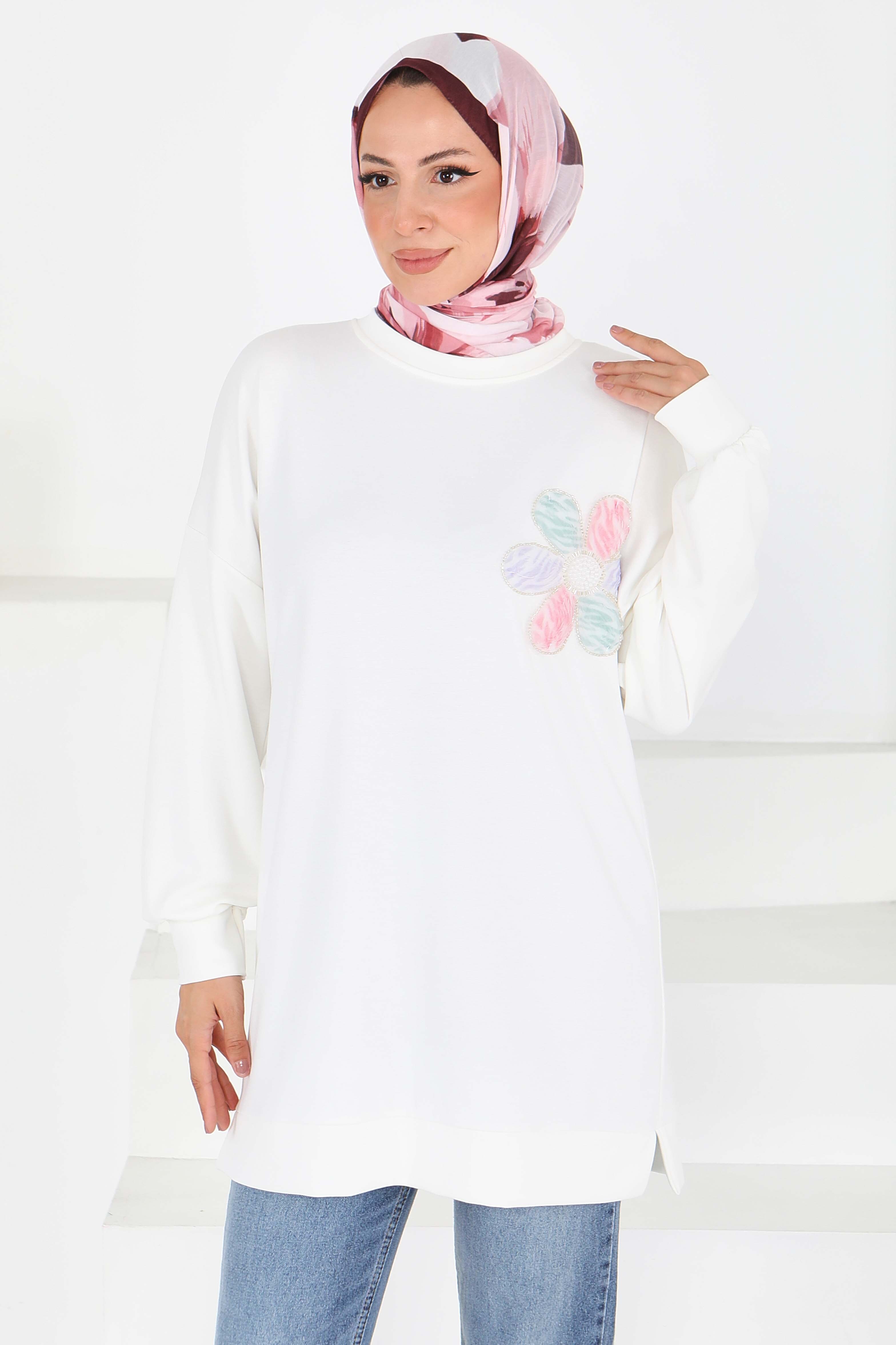 Çiçek İşlemeli Modal Tunik - 27672 - 3