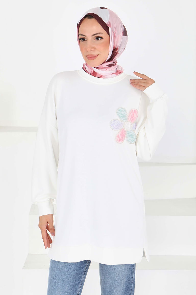 Çiçek İşlemeli Modal Tunik - 27672 - TOFİSA