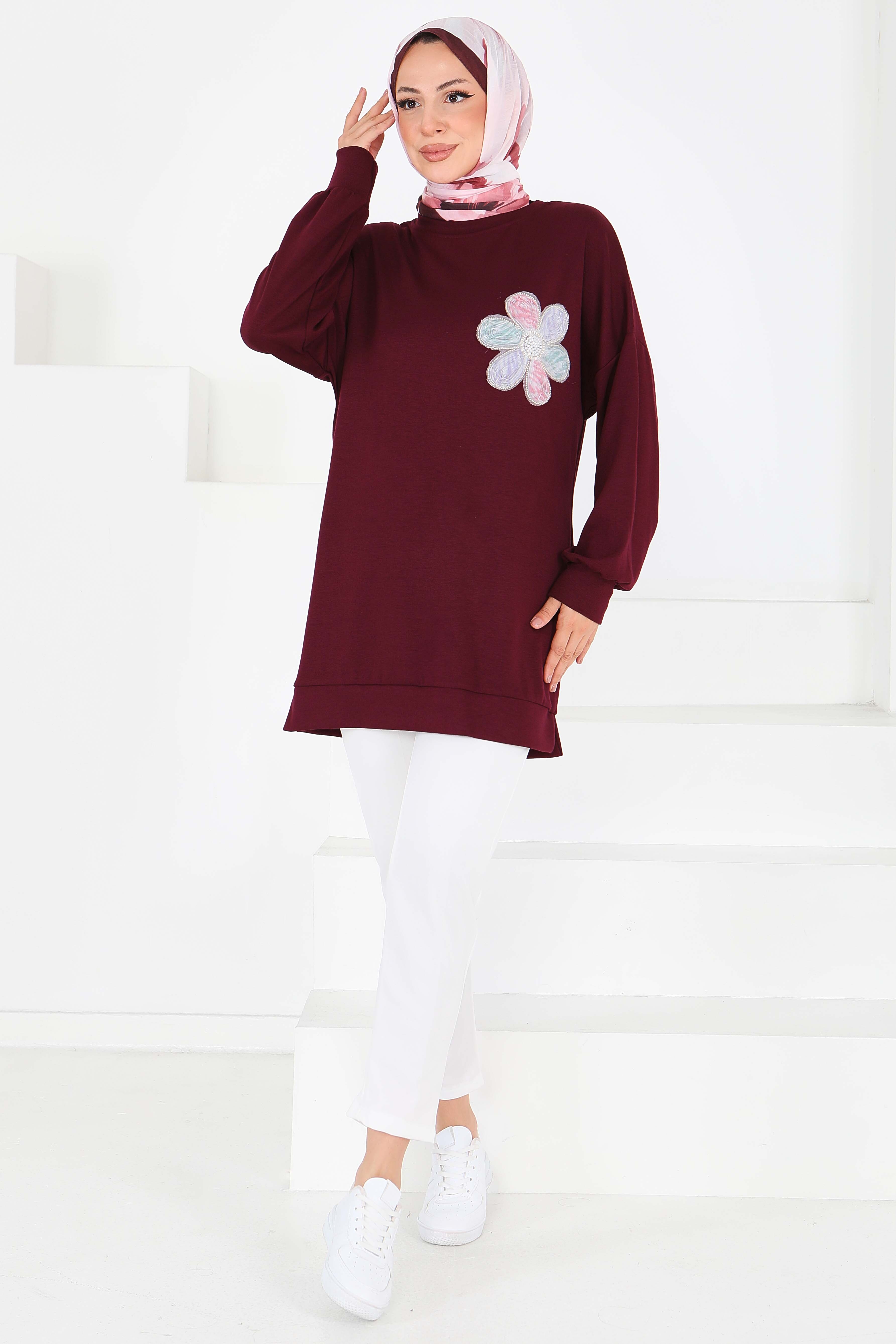 Çiçek İşlemeli Modal Tunik - 27672 - 2