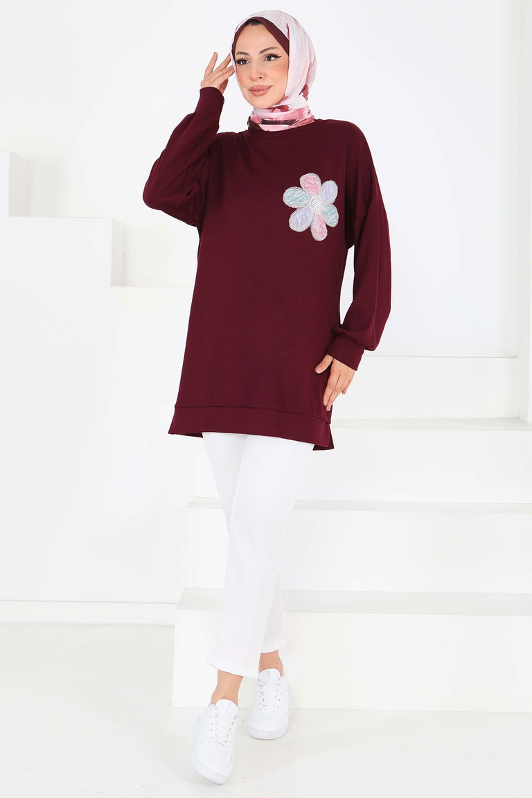 Çiçek İşlemeli Modal Tunik - 27672 - TOFİSA