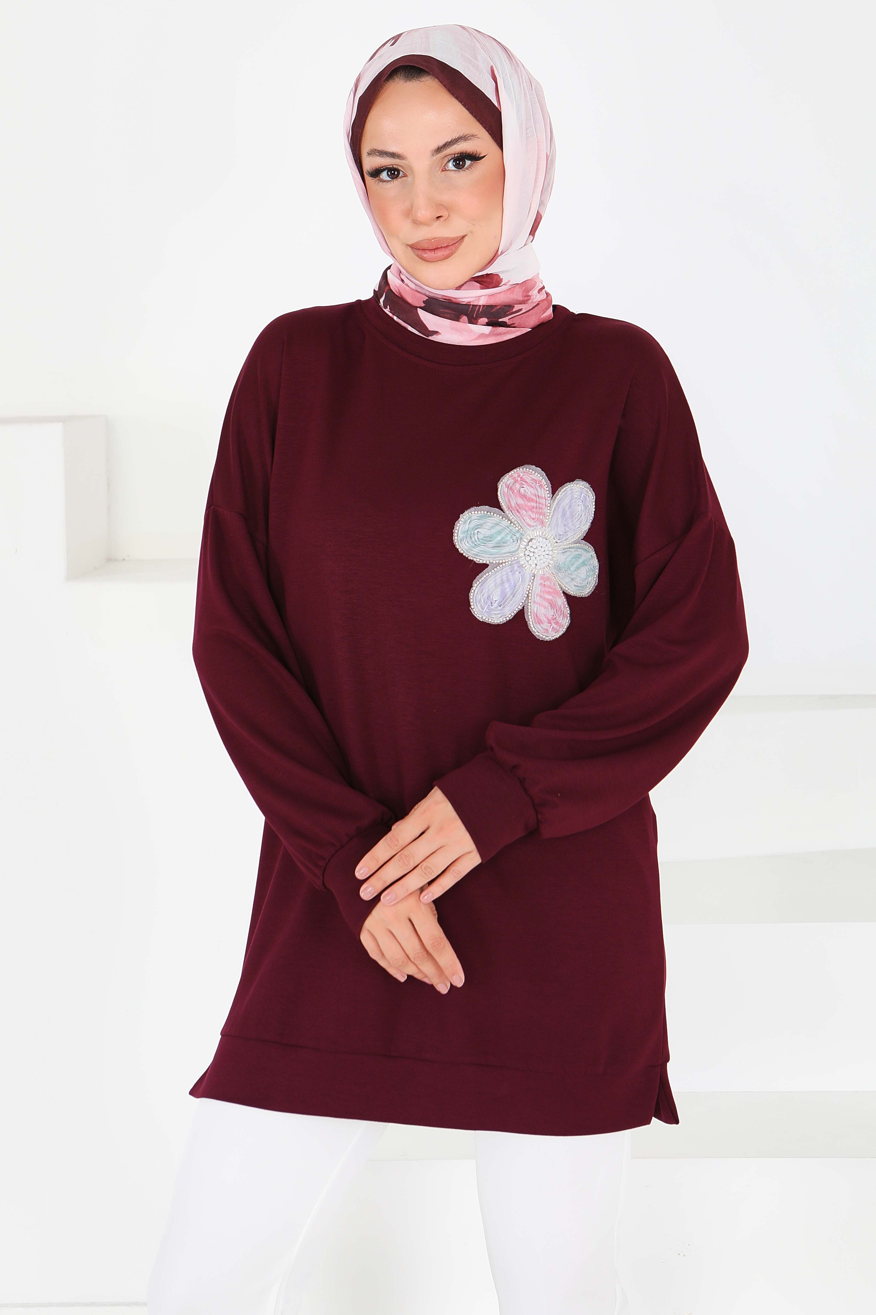 Çiçek İşlemeli Modal Tunik - 27672 - 3