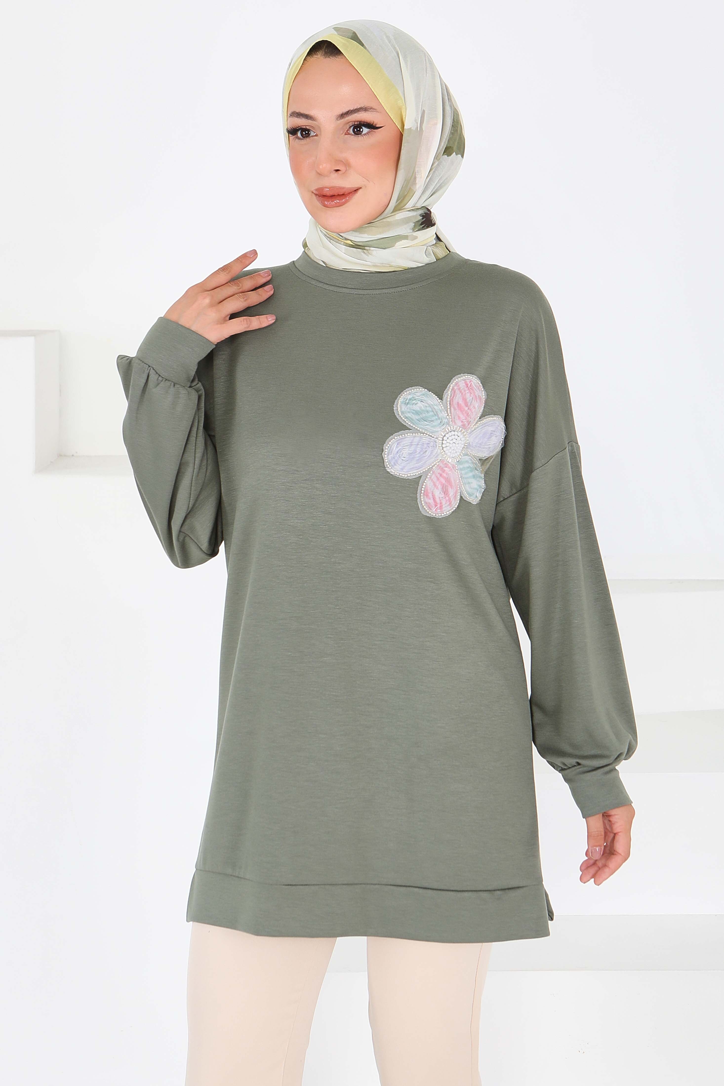 Çiçek İşlemeli Modal Tunik - 27672 - 1