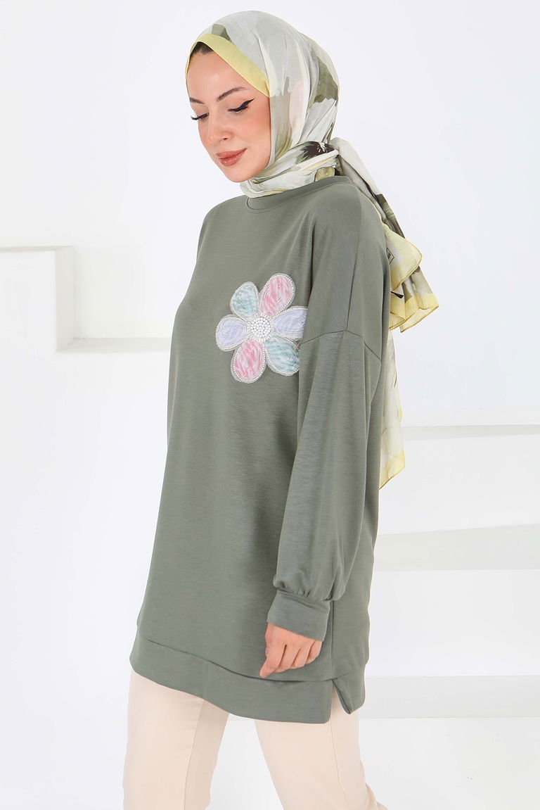 Çiçek İşlemeli Modal Tunik - 27672 - TOFİSA