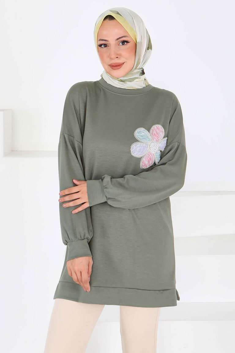 Çiçek İşlemeli Modal Tunik - 27672 - TOFİSA