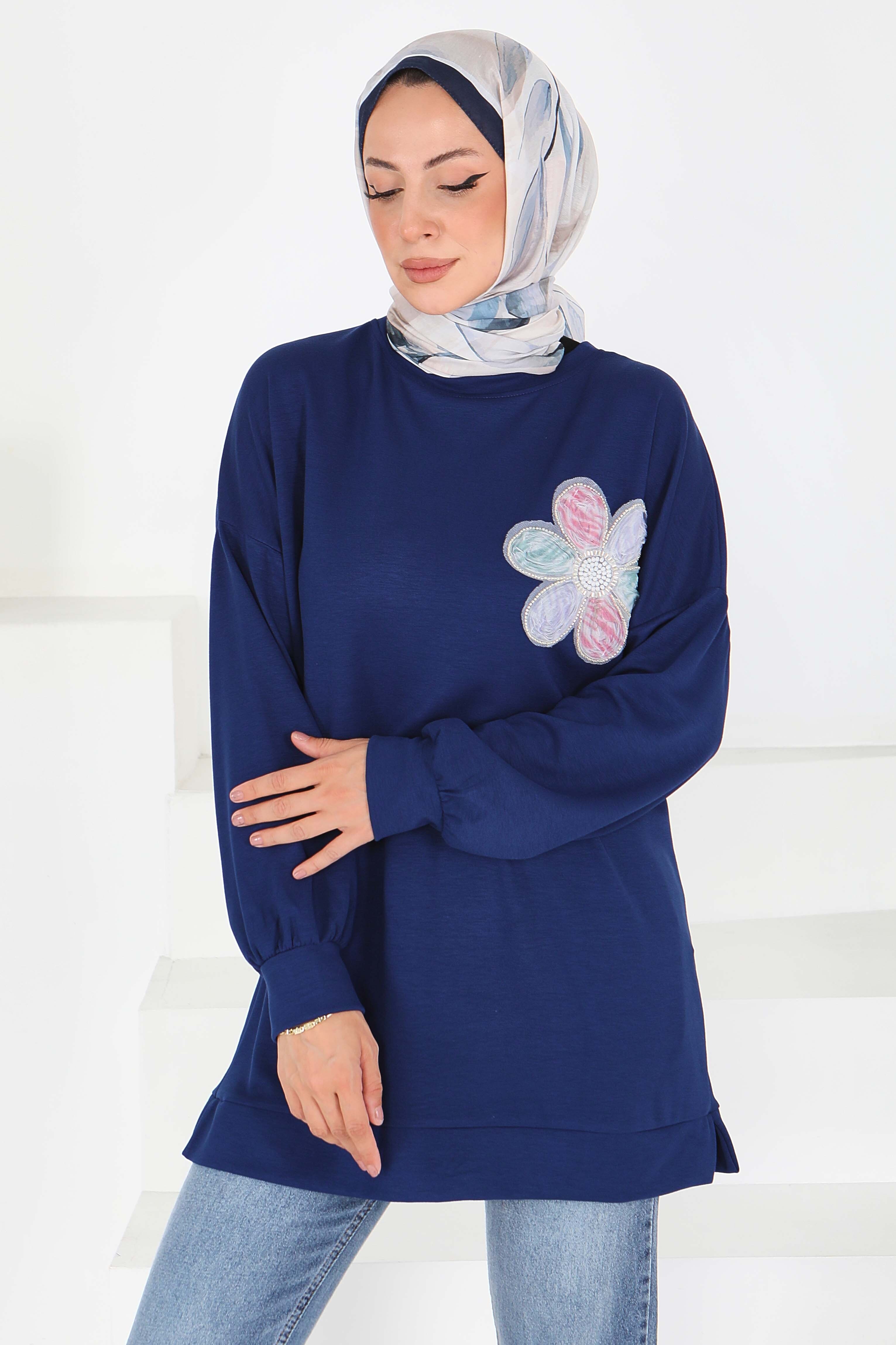 Çiçek İşlemeli Modal Tunik - 27672 - 1