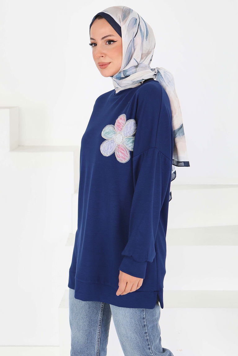 Çiçek İşlemeli Modal Tunik - 27672 - TOFİSA