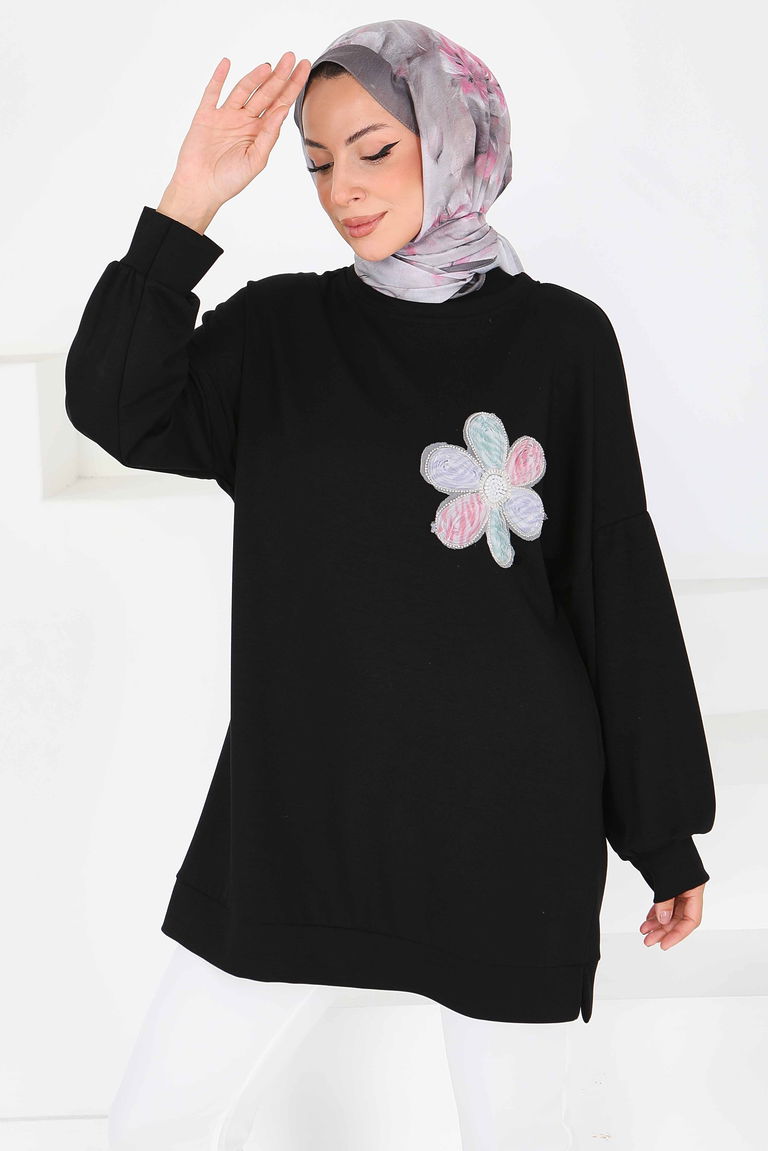 Çiçek İşlemeli Modal Tunik - 27672 - TOFİSA