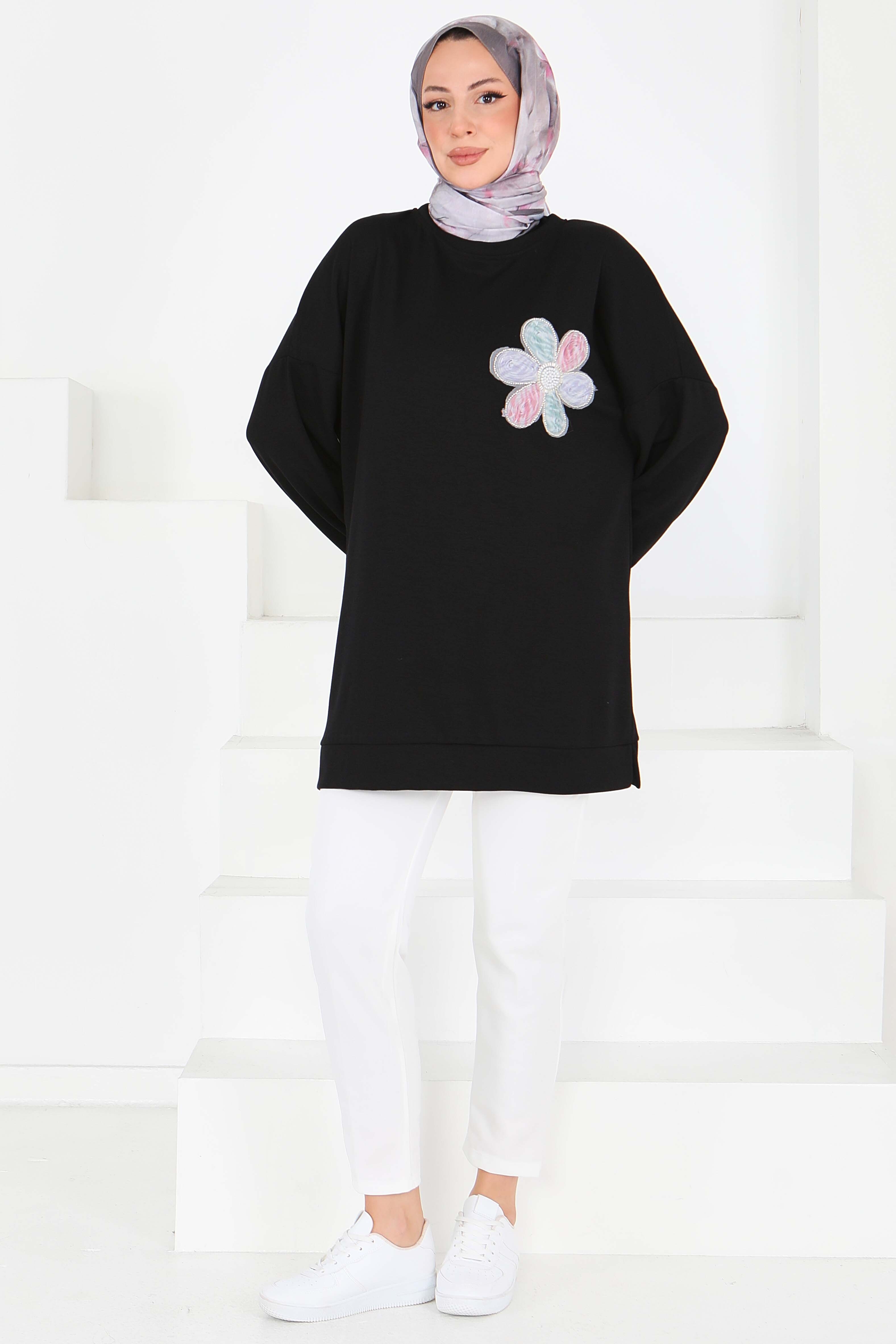 Çiçek İşlemeli Modal Tunik - 27672 - 2