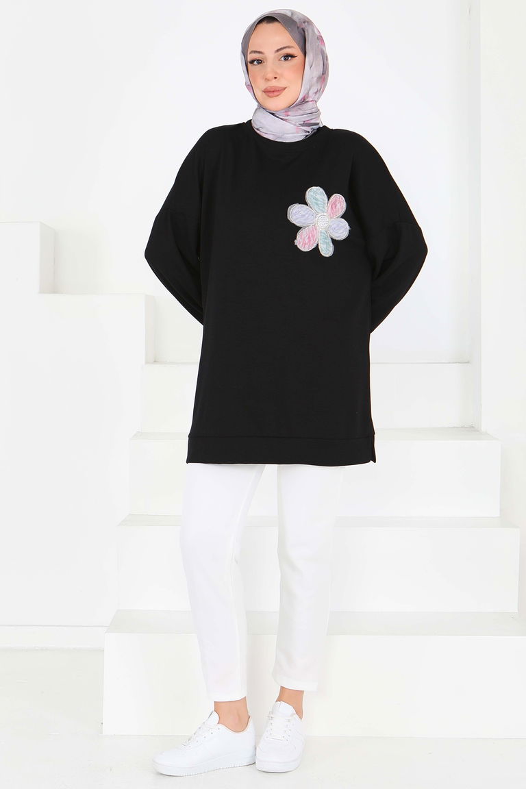 Çiçek İşlemeli Modal Tunik - 27672 - TOFİSA