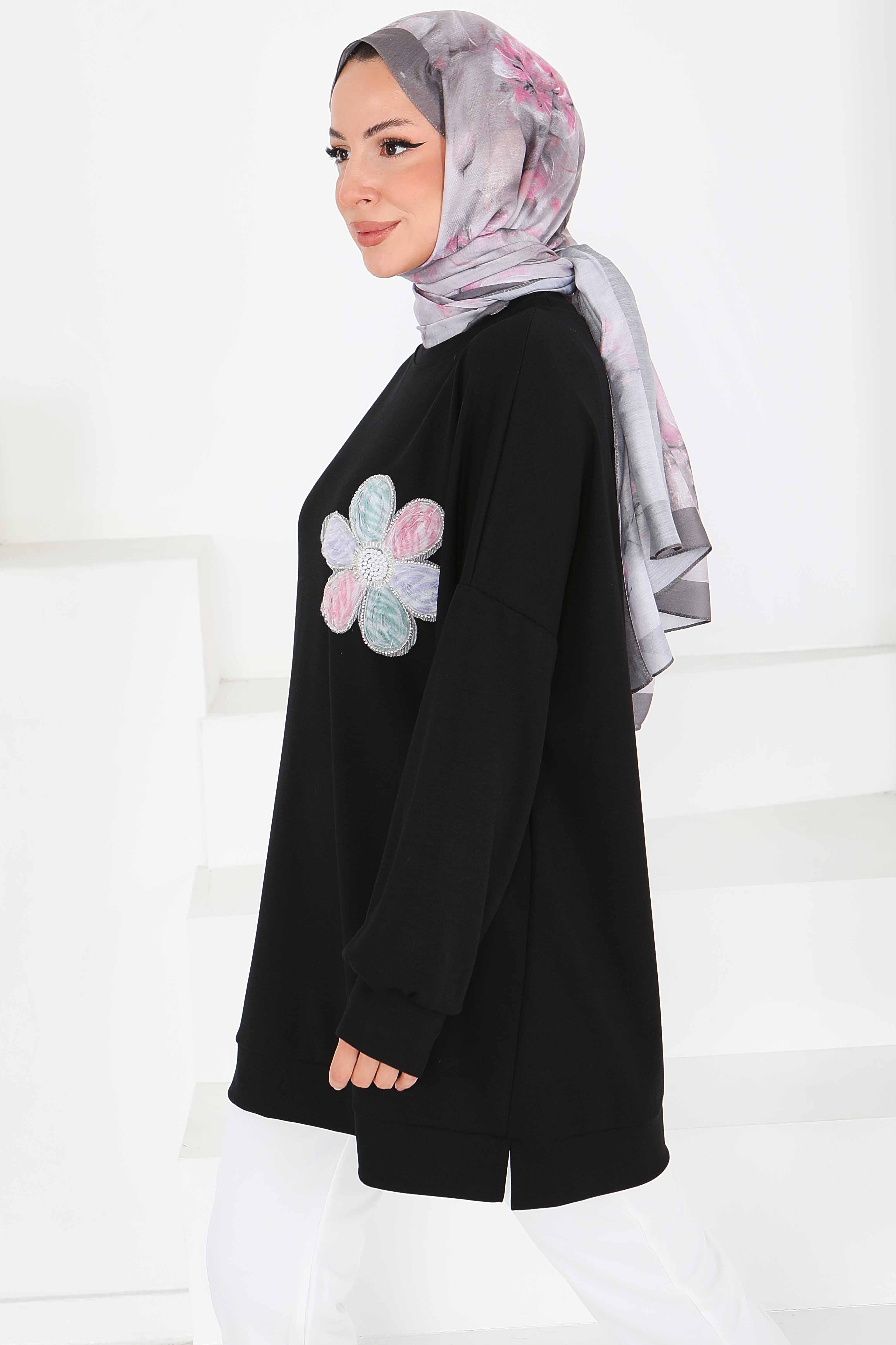 Çiçek İşlemeli Modal Tunik - 27672 - 3