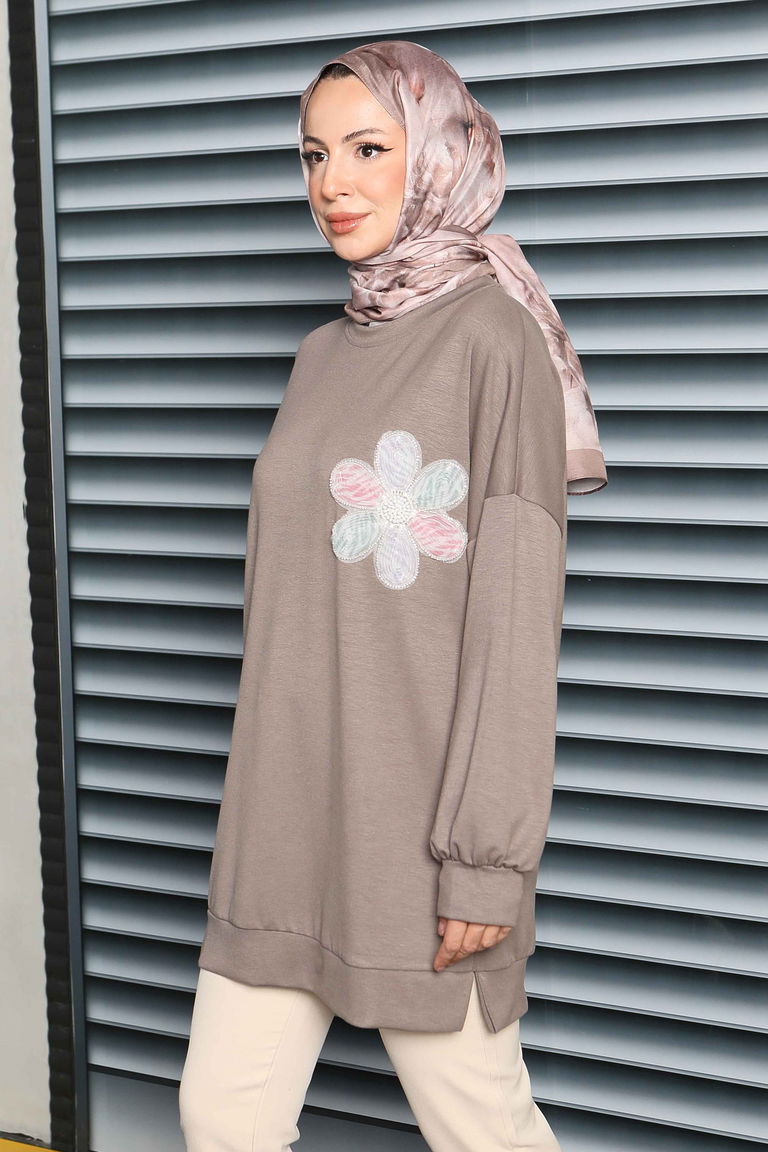 Çiçek İşlemeli Modal Tunik - 27672 - TOFİSA