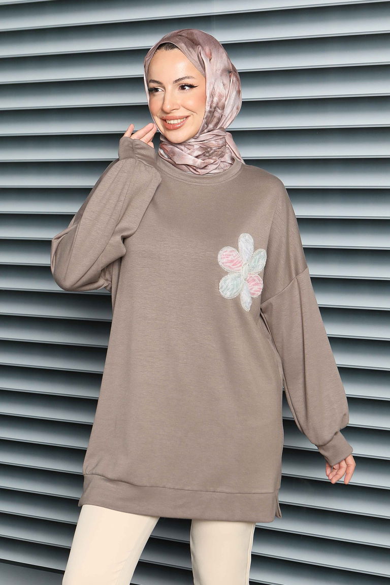 Çiçek İşlemeli Modal Tunik - 27672 - TOFİSA