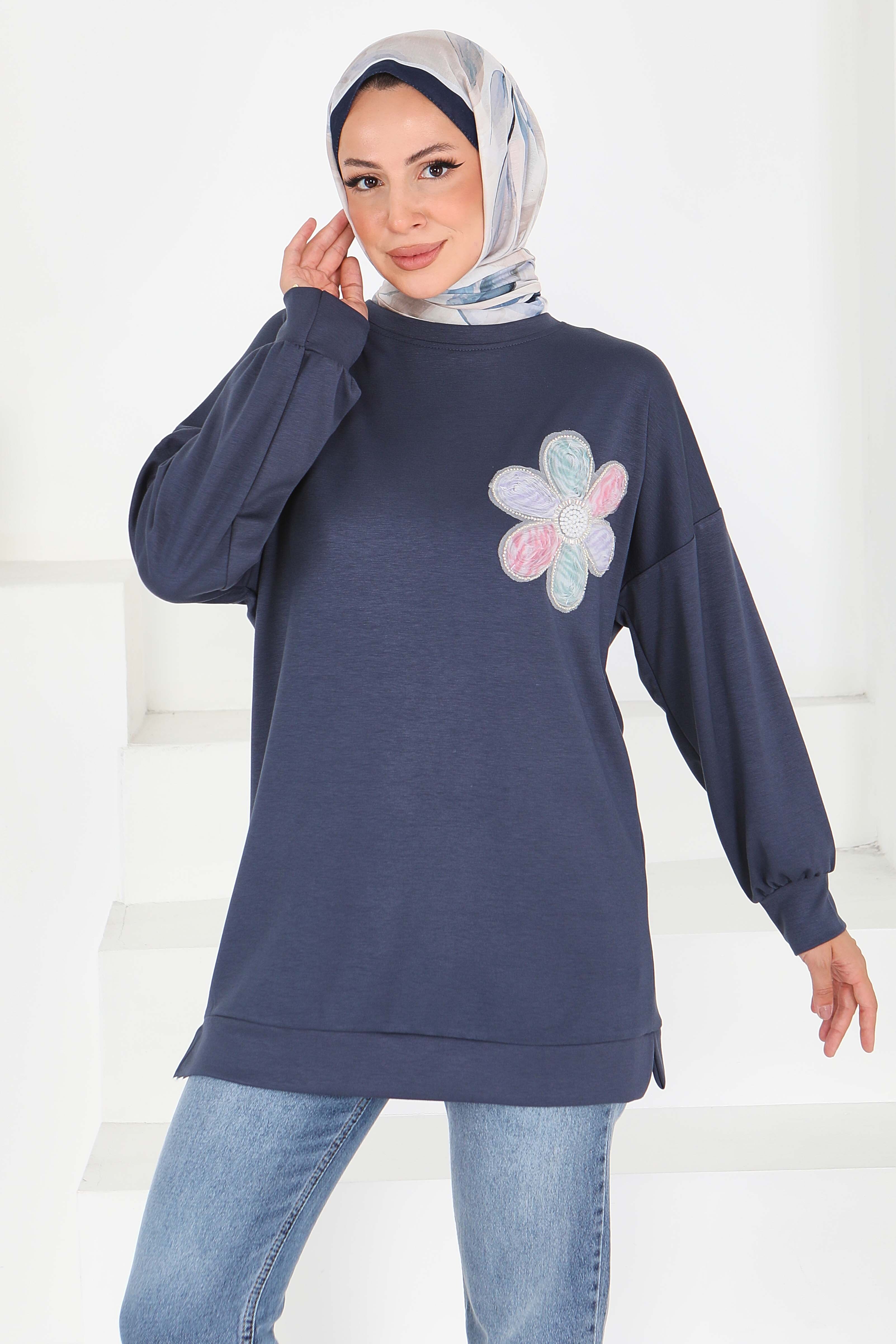 Çiçek İşlemeli Modal Tunik - 27672 - 1