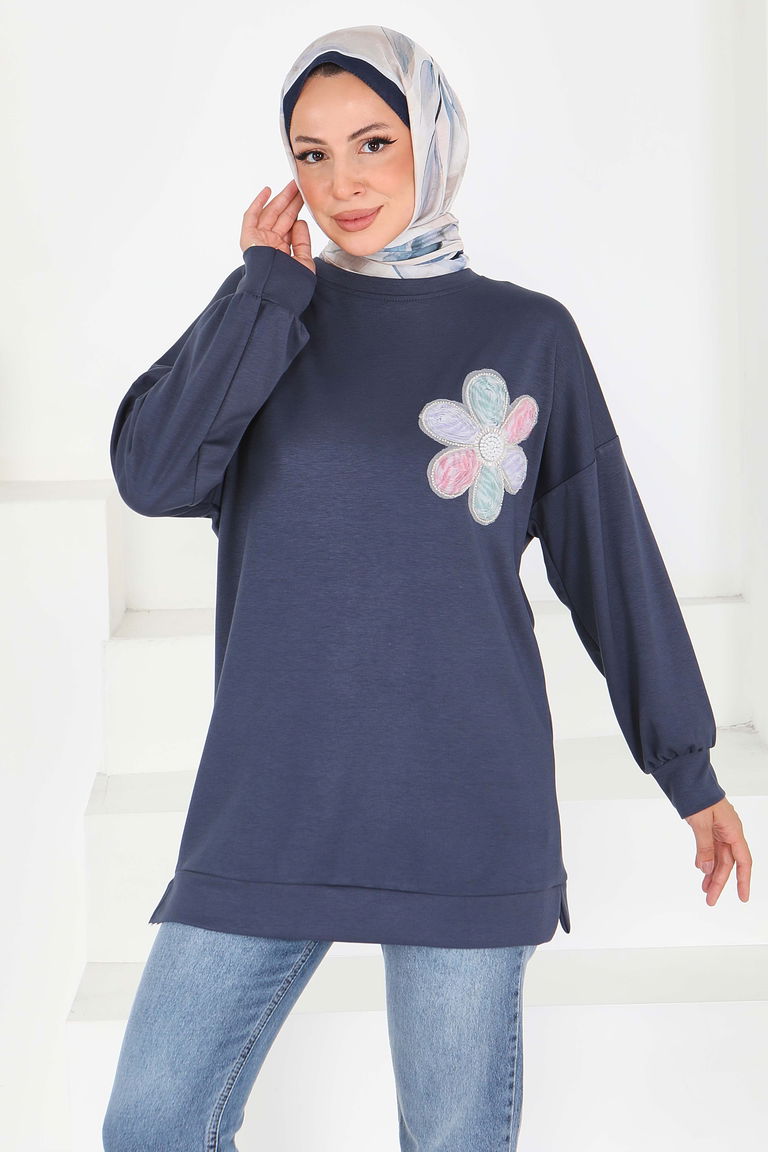 Çiçek İşlemeli Modal Tunik - 27672 - TOFİSA