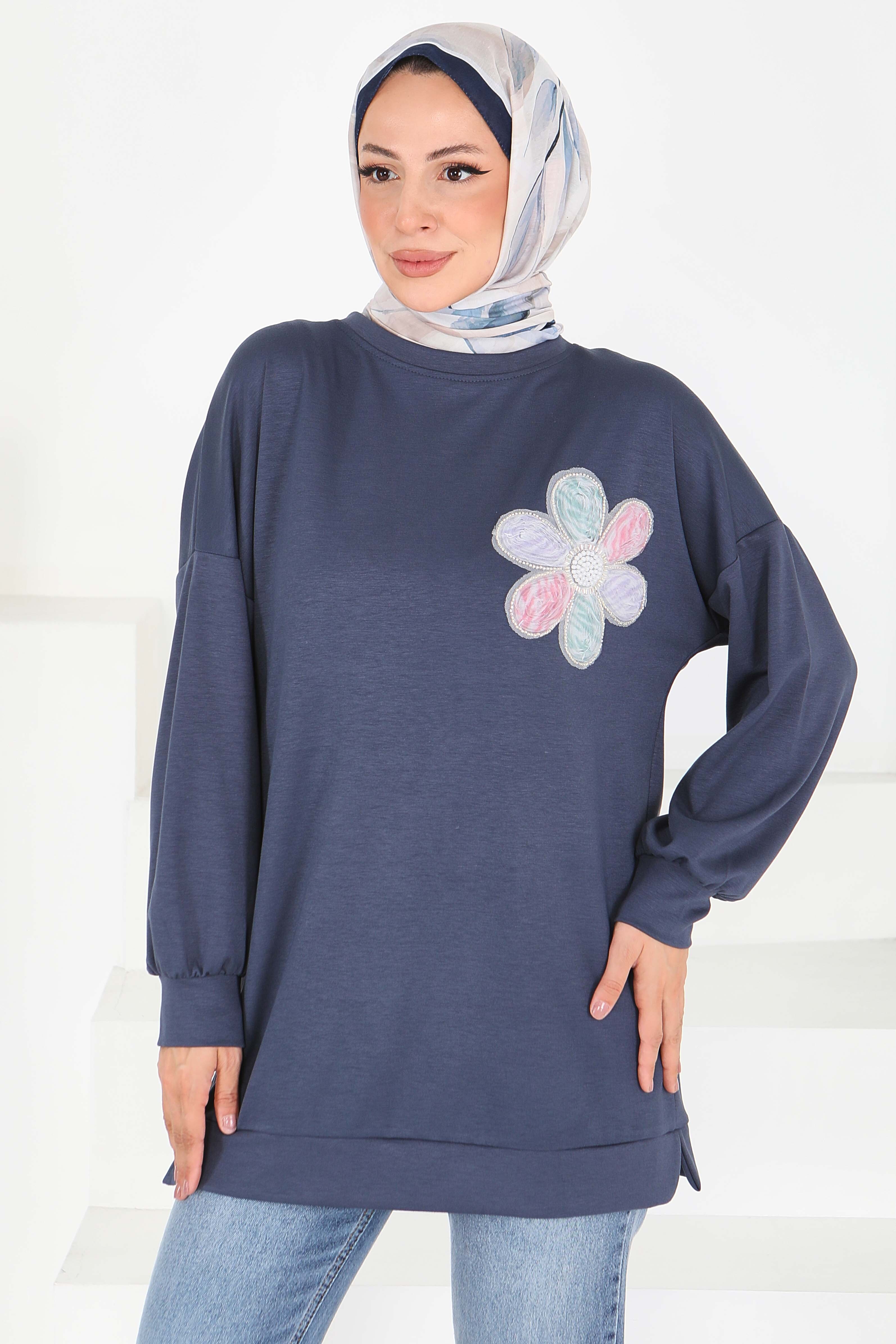 Çiçek İşlemeli Modal Tunik - 27672 - 2