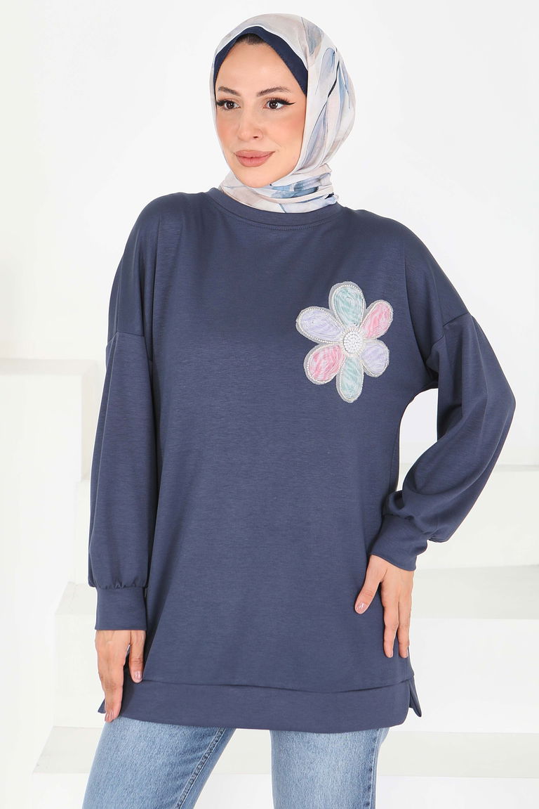 Çiçek İşlemeli Modal Tunik - 27672 - TOFİSA
