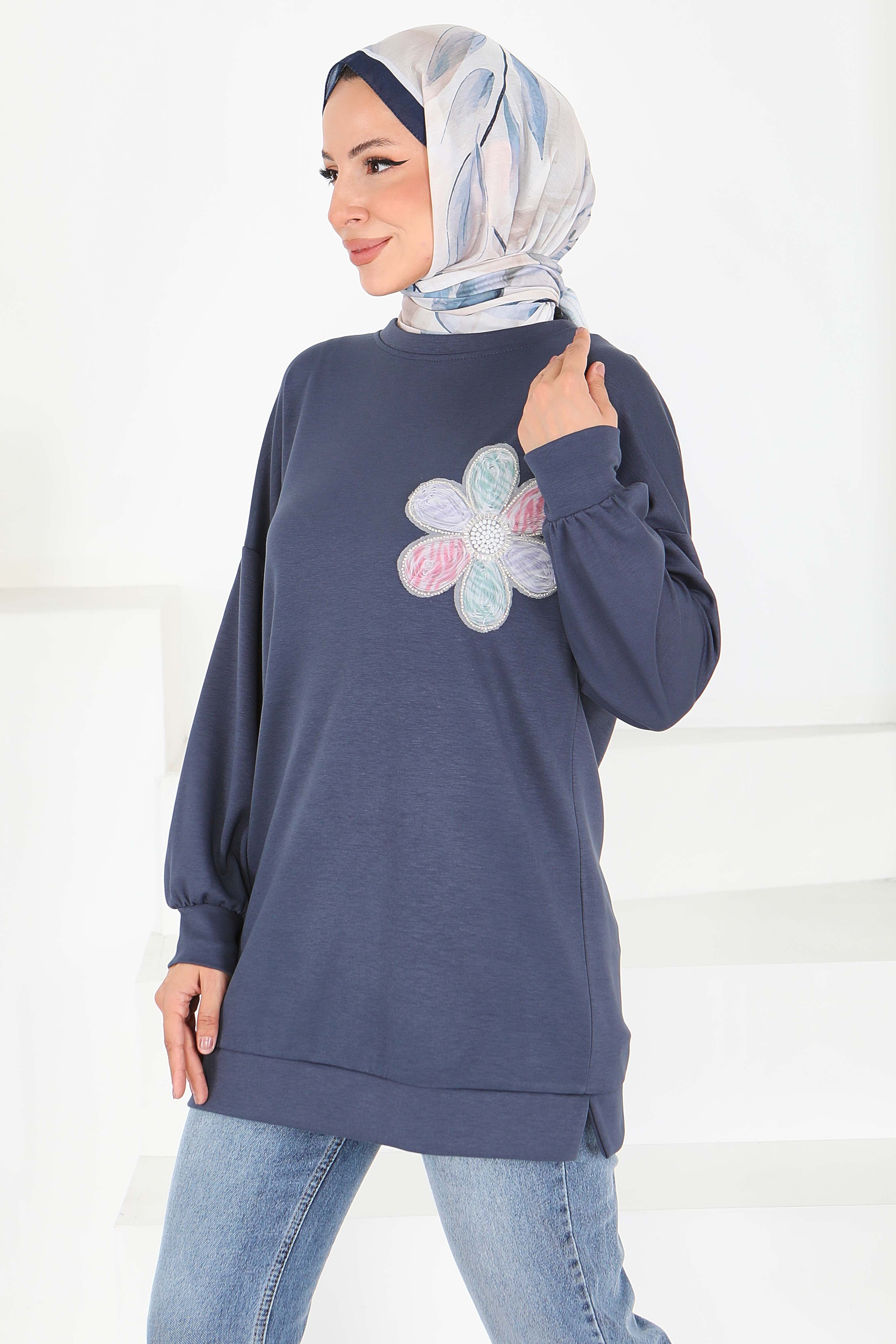 Çiçek İşlemeli Modal Tunik - 27672 - 3