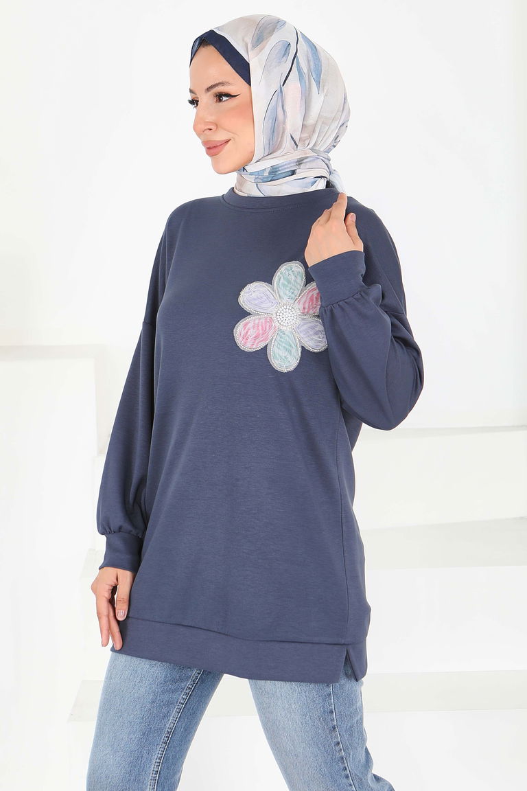 Çiçek İşlemeli Modal Tunik - 27672 - TOFİSA