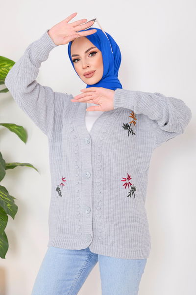 Çiçek Nakış Detaylı Triko Hırka - 27662 