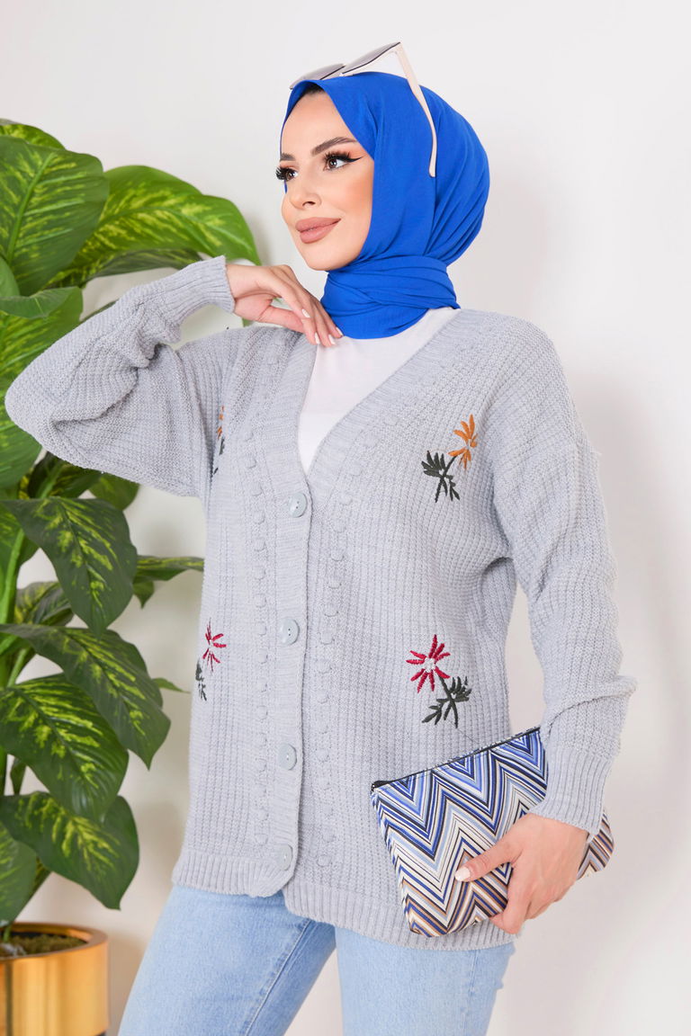 Çiçek Nakış Detaylı Triko Hırka - 27662 - TOFİSA