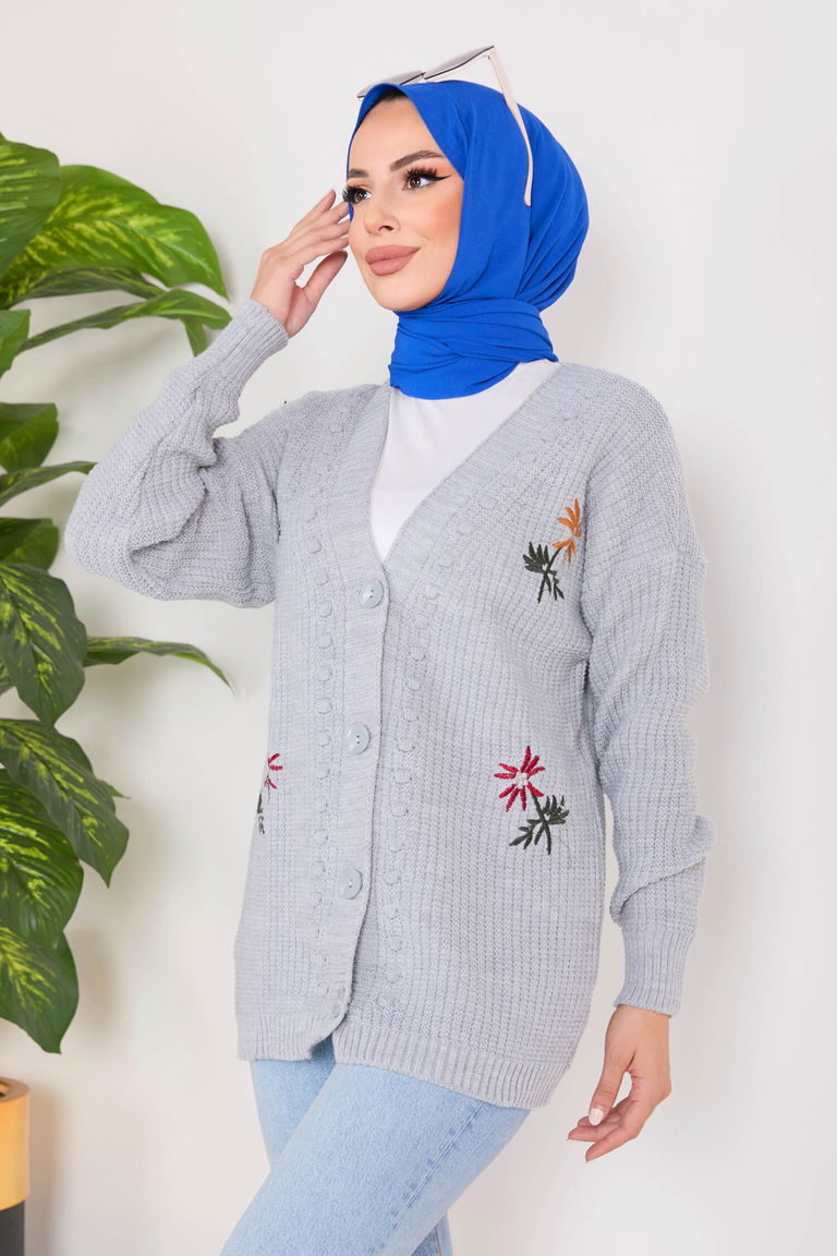 Çiçek Nakış Detaylı Triko Hırka - 27662 - TOFİSA