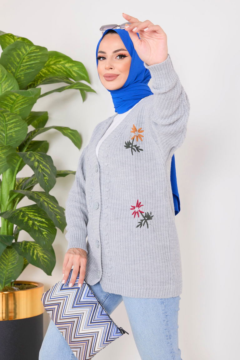 Çiçek Nakış Detaylı Triko Hırka - 27662 - TOFİSA