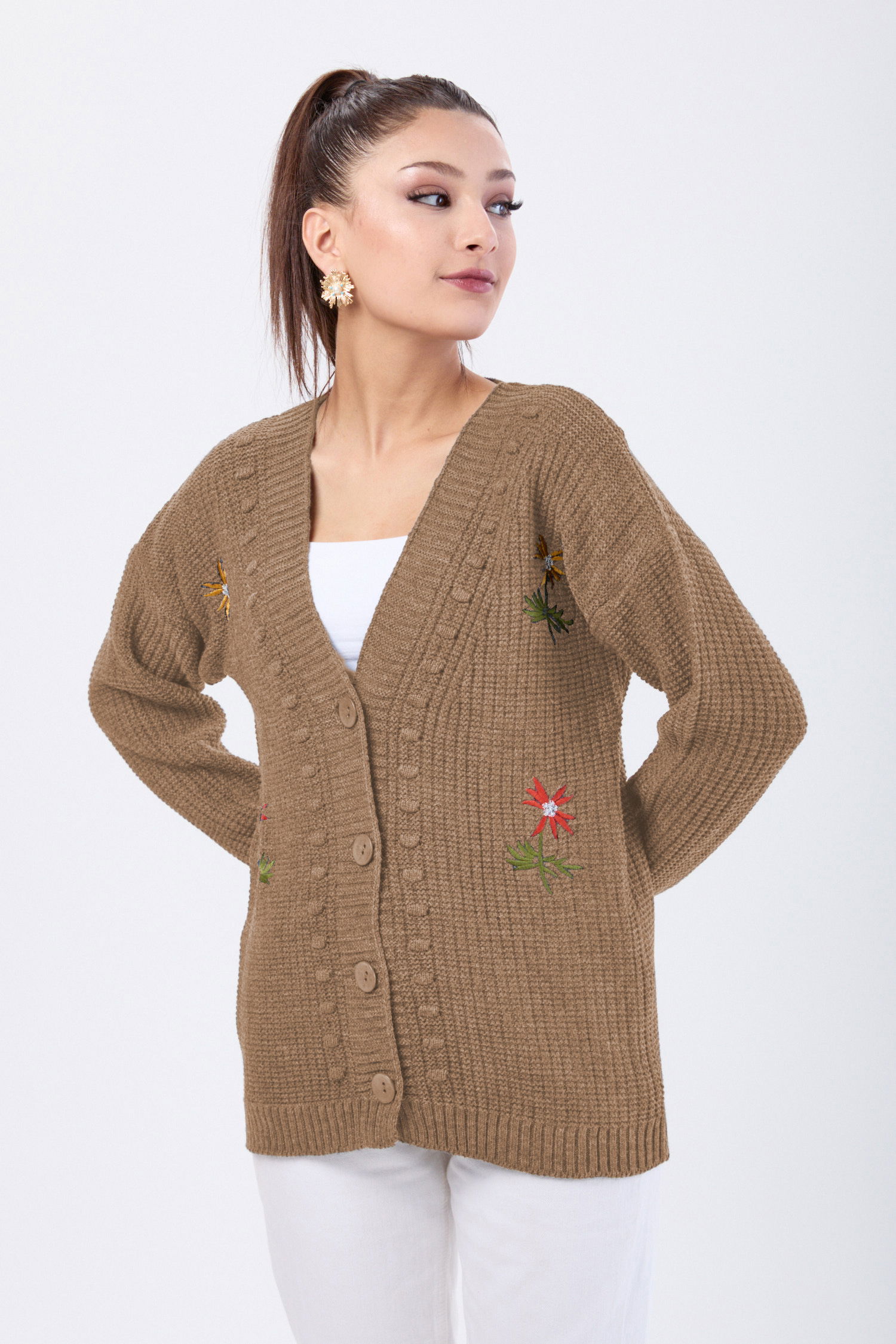 Çiçek Nakış Detaylı Triko Hırka - 27662 - 1