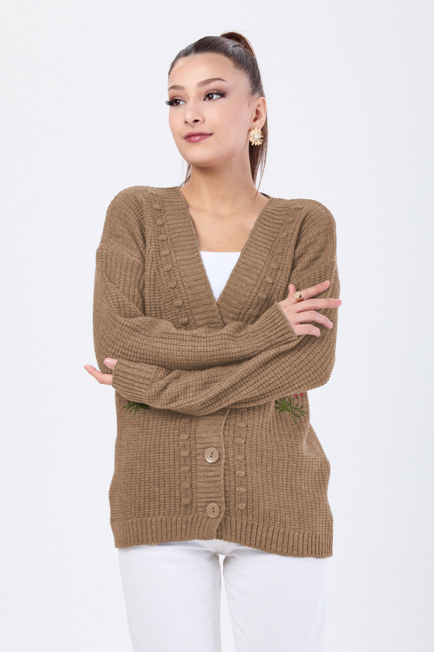 Çiçek Nakış Detaylı Triko Hırka - 27662 - 2