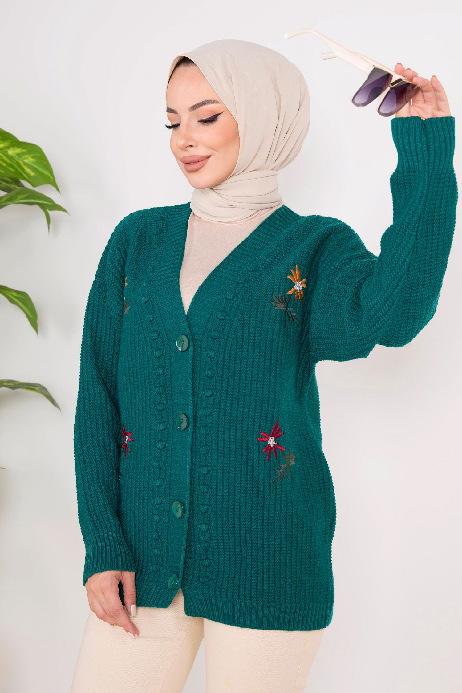 Çiçek Nakış Detaylı Triko Hırka - 27662 - 5
