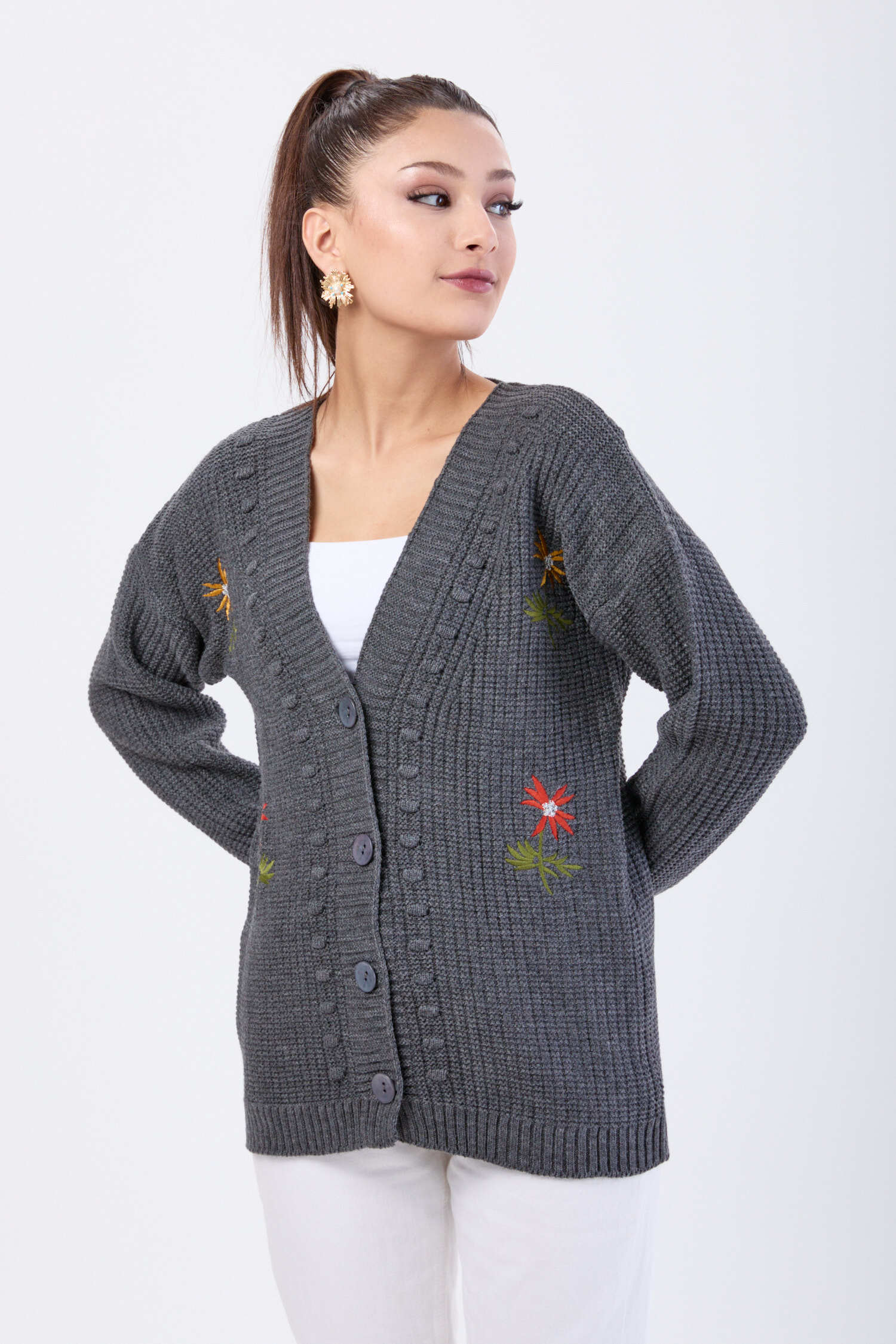 Çiçek Nakış Detaylı Triko Hırka - 27662 - 1