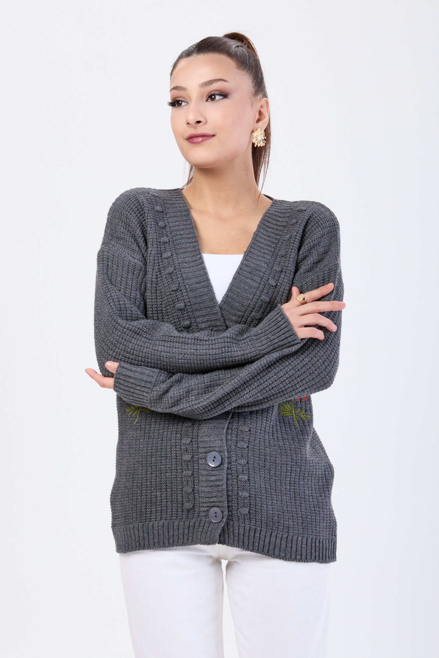 Çiçek Nakış Detaylı Triko Hırka - 27662 - 2