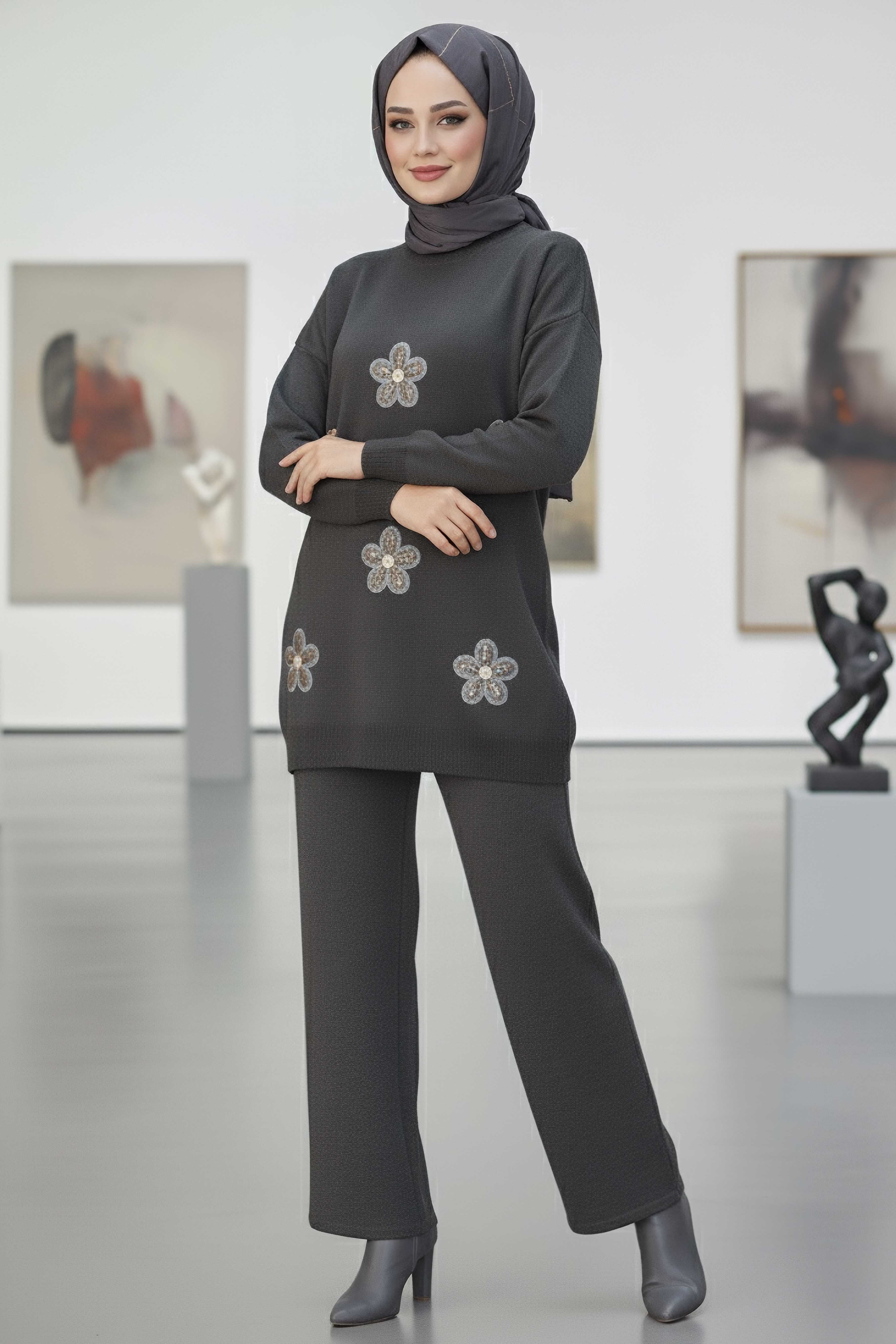 Çiçek Nakışlı İkili Triko Takım - 27998-ANTRASIT - 3