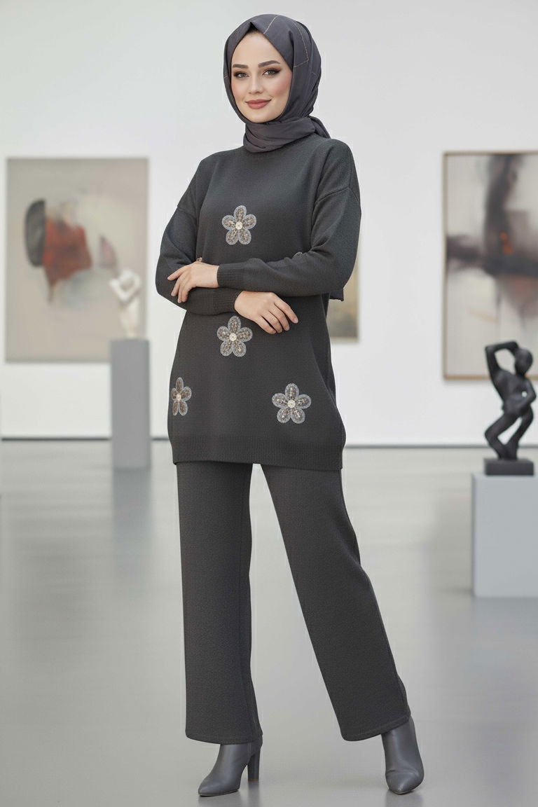 Çiçek Nakışlı İkili Triko Takım - 27998-ANTRASIT - TOFİSA