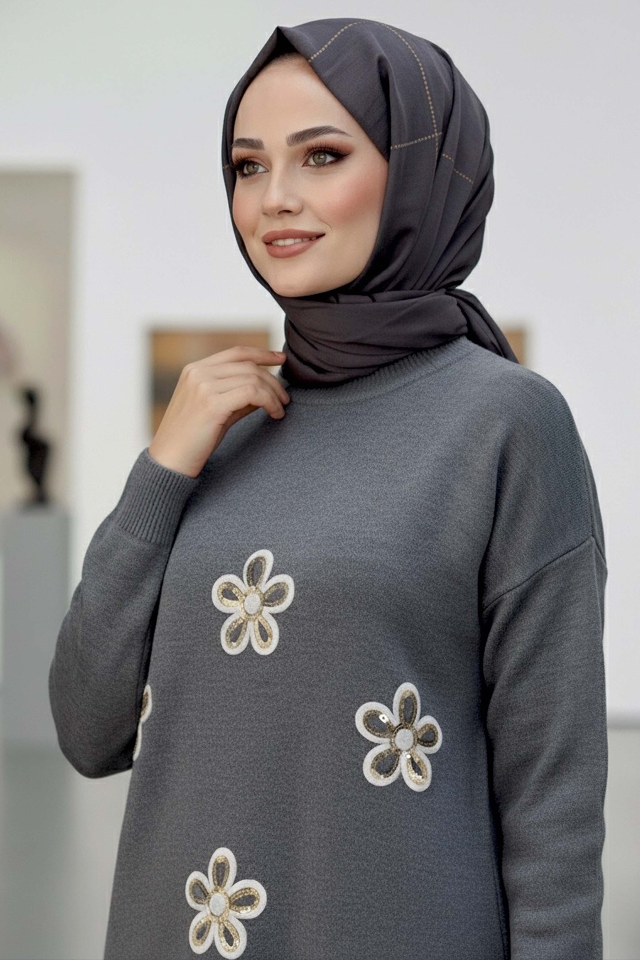 Çiçek Nakışlı İkili Triko Takım - 27998-ANTRASIT - 2