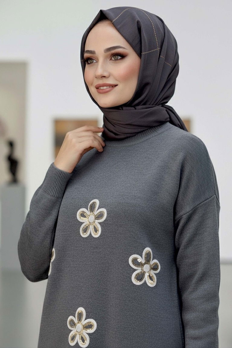Çiçek Nakışlı İkili Triko Takım - 27998-ANTRASIT - TOFİSA
