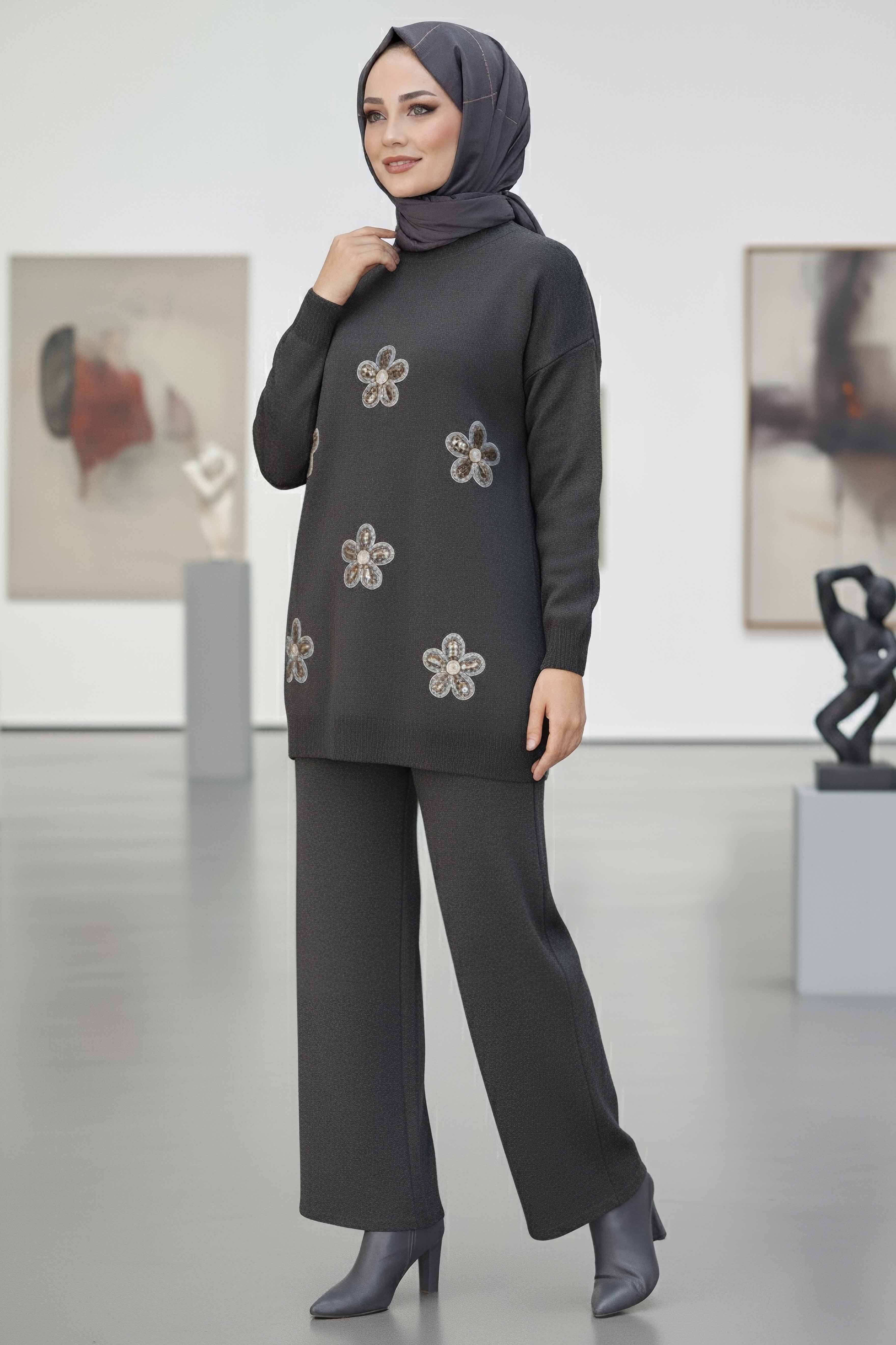Çiçek Nakışlı İkili Triko Takım - 27998-ANTRASIT - 1