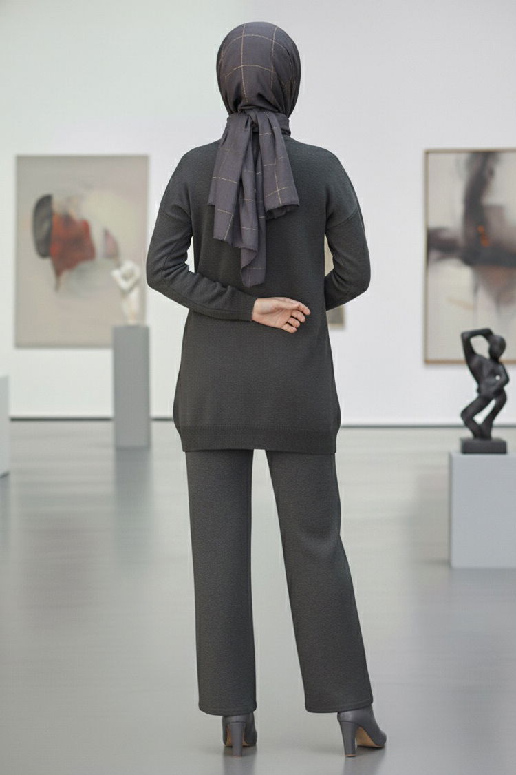 Çiçek Nakışlı İkili Triko Takım - 27998-ANTRASIT - TOFİSA