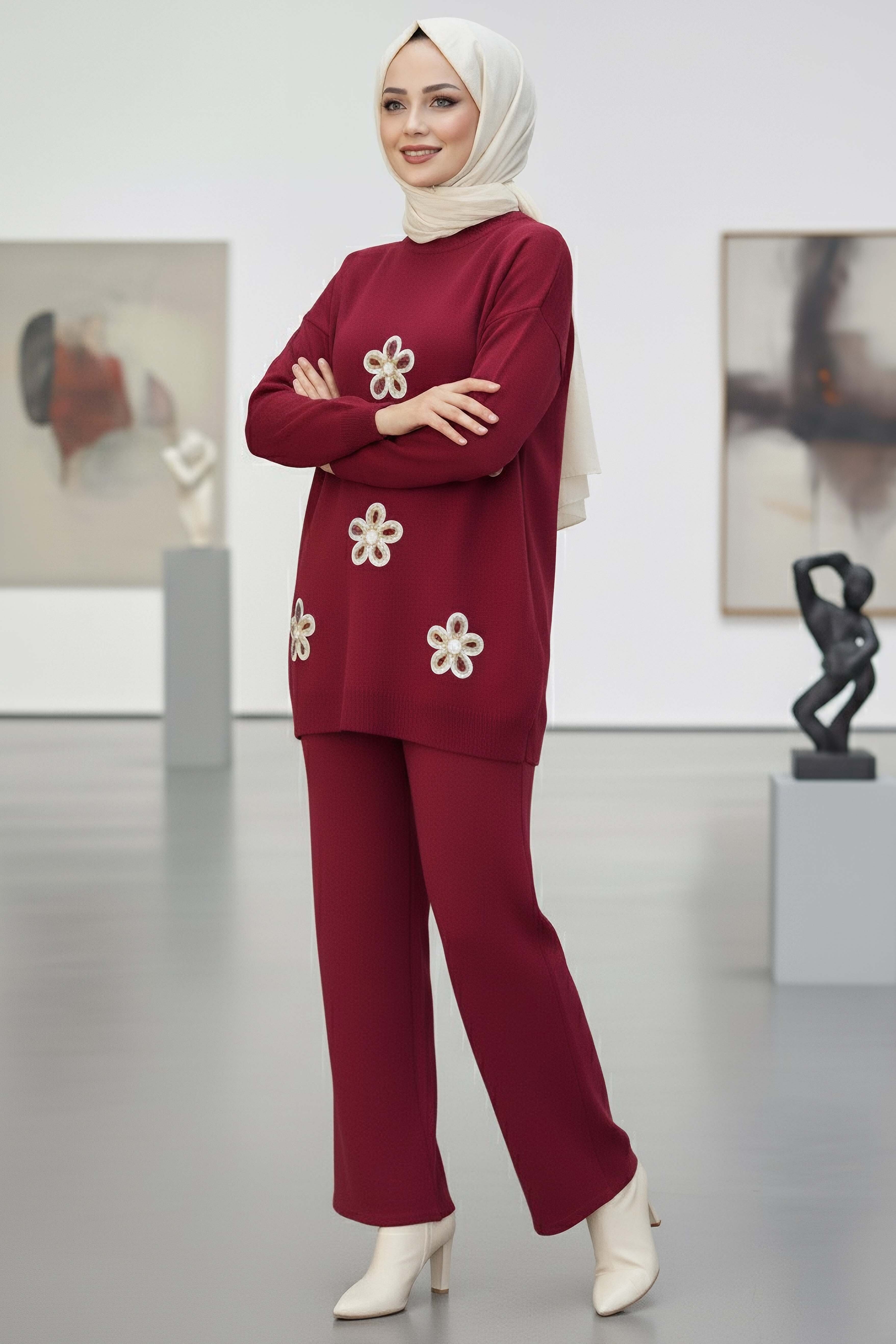 Çiçek Nakışlı İkili Triko Takım - 27998-BORDO - 2