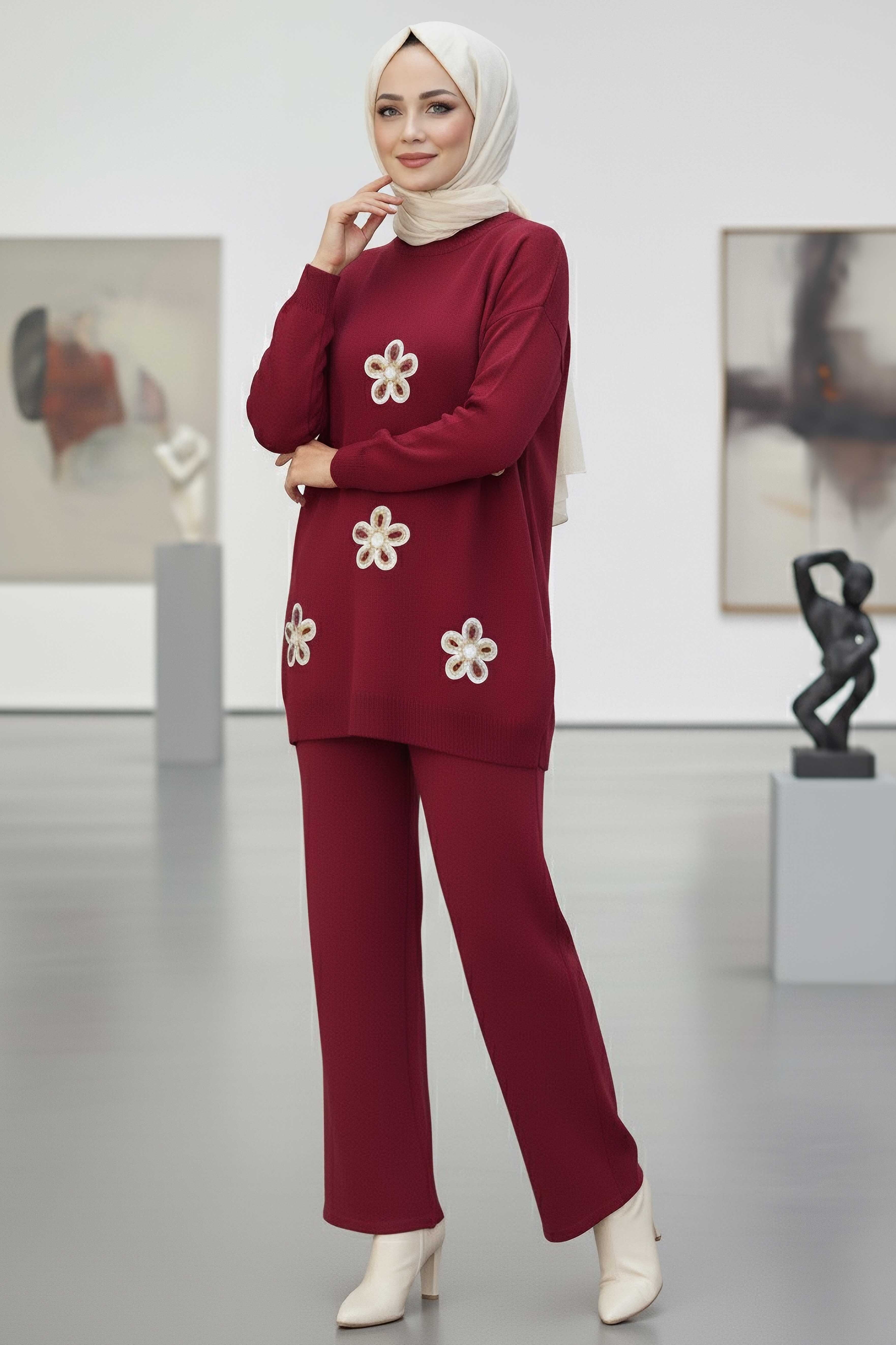 Çiçek Nakışlı İkili Triko Takım - 27998-BORDO - 1