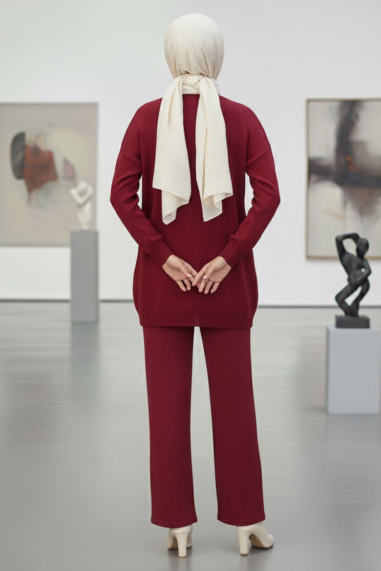 Çiçek Nakışlı İkili Triko Takım - 27998-BORDO - TOFİSA